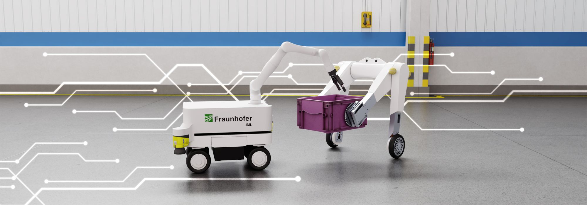 Zwei Intalogistikroboter, die in einer Testhalle einander gegenüberstehen.