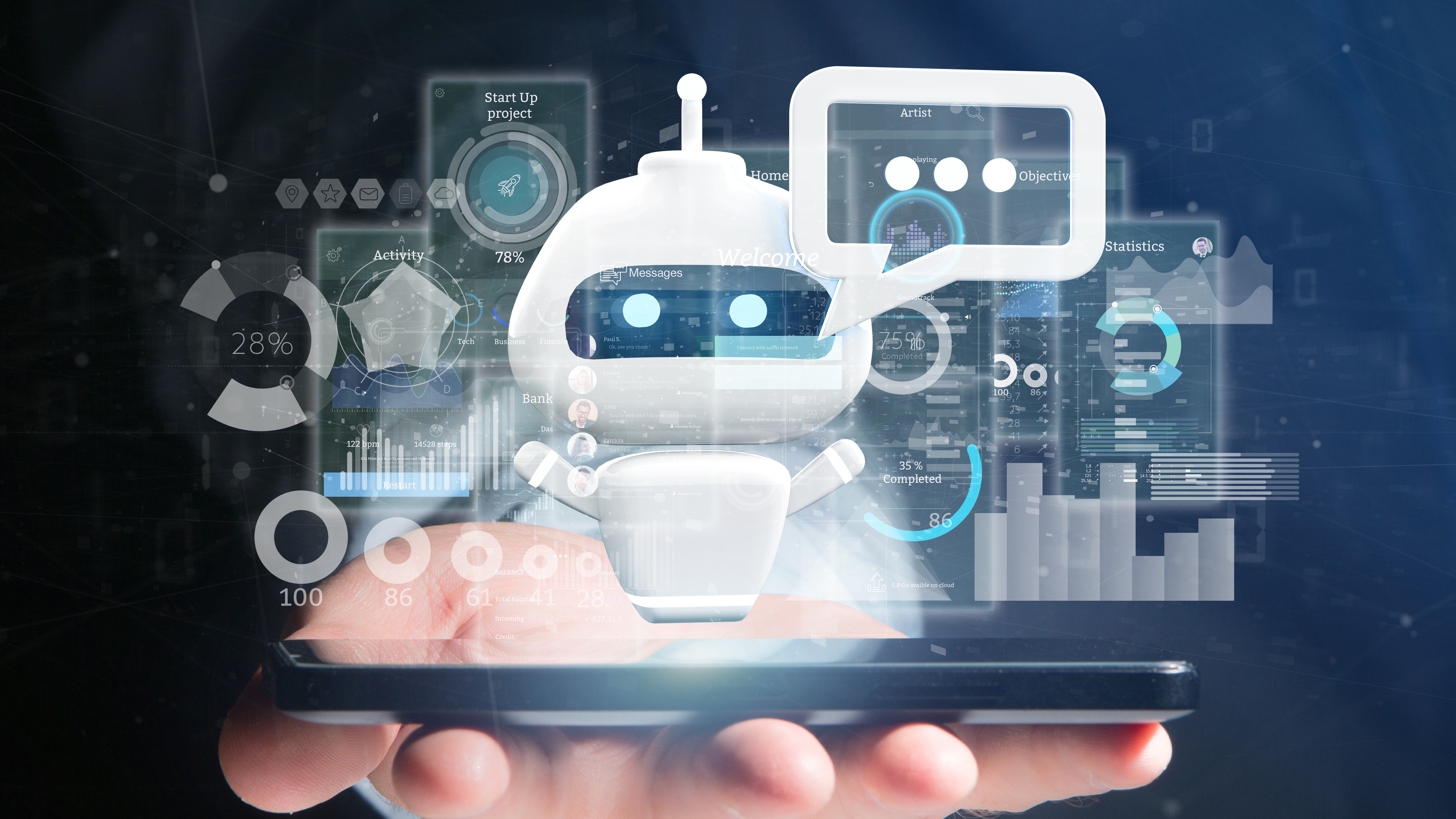 Fraunhofer IML Geschäftsmann hält KI-Chatbot mit binärem Code, Nachricht und Daten 3d Rendering