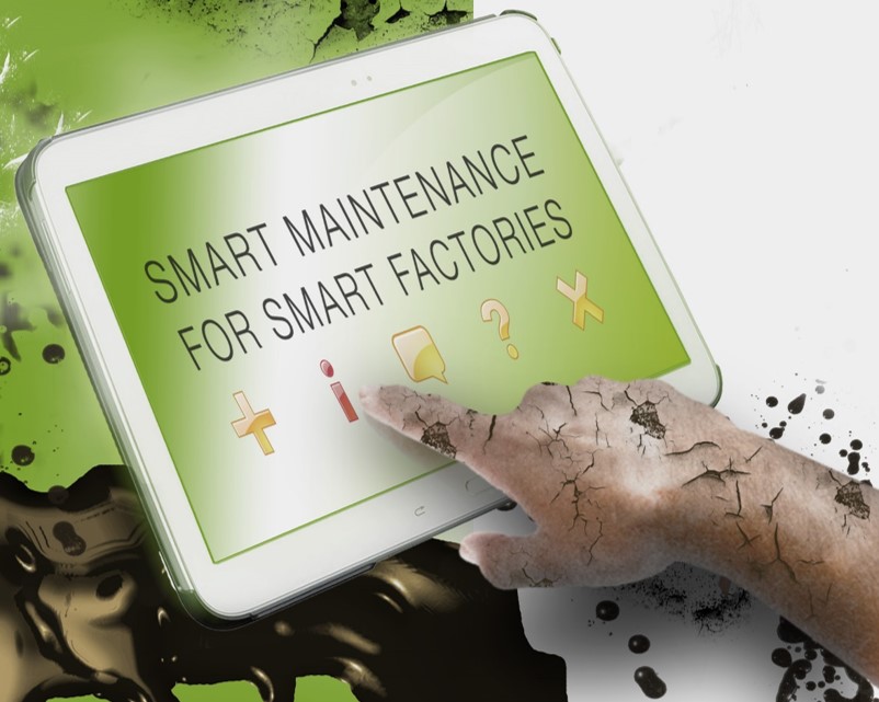 Ein Tablet, auf dem "Smart Maintenance for Smart Factrories" steht, wird von einer zerbröselnden Hand bedient.