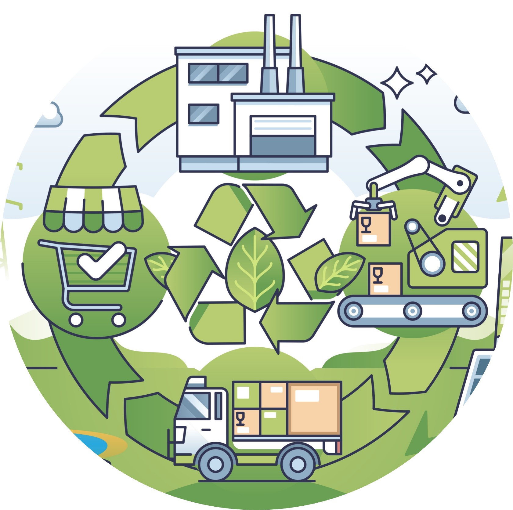 Nachhaltigkeit in der Produktionslogistik. Sustainability in supply chain with ecological logistics outline concept, transparent background. Nature friendly commerce process with alternative power source usage.