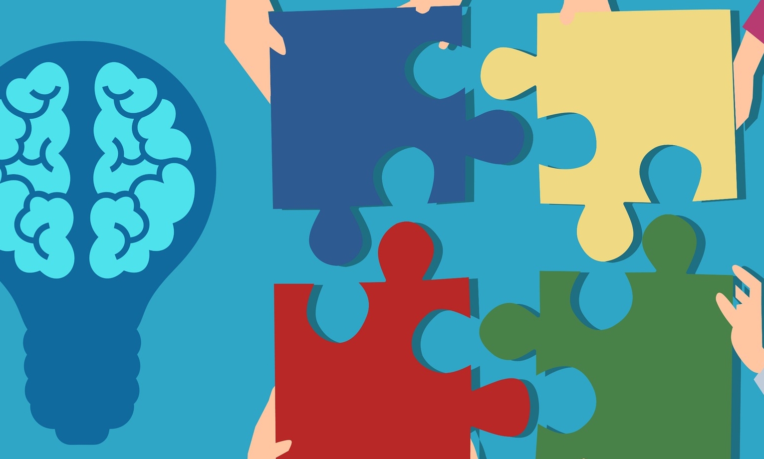 Animiertes Bild zeigt eine große Gluehbirne mit einem Gehirn drin. Daneben sind vier große Puzzelteile die richtig liegen, aber noch zusammengesetzt werden muessen.