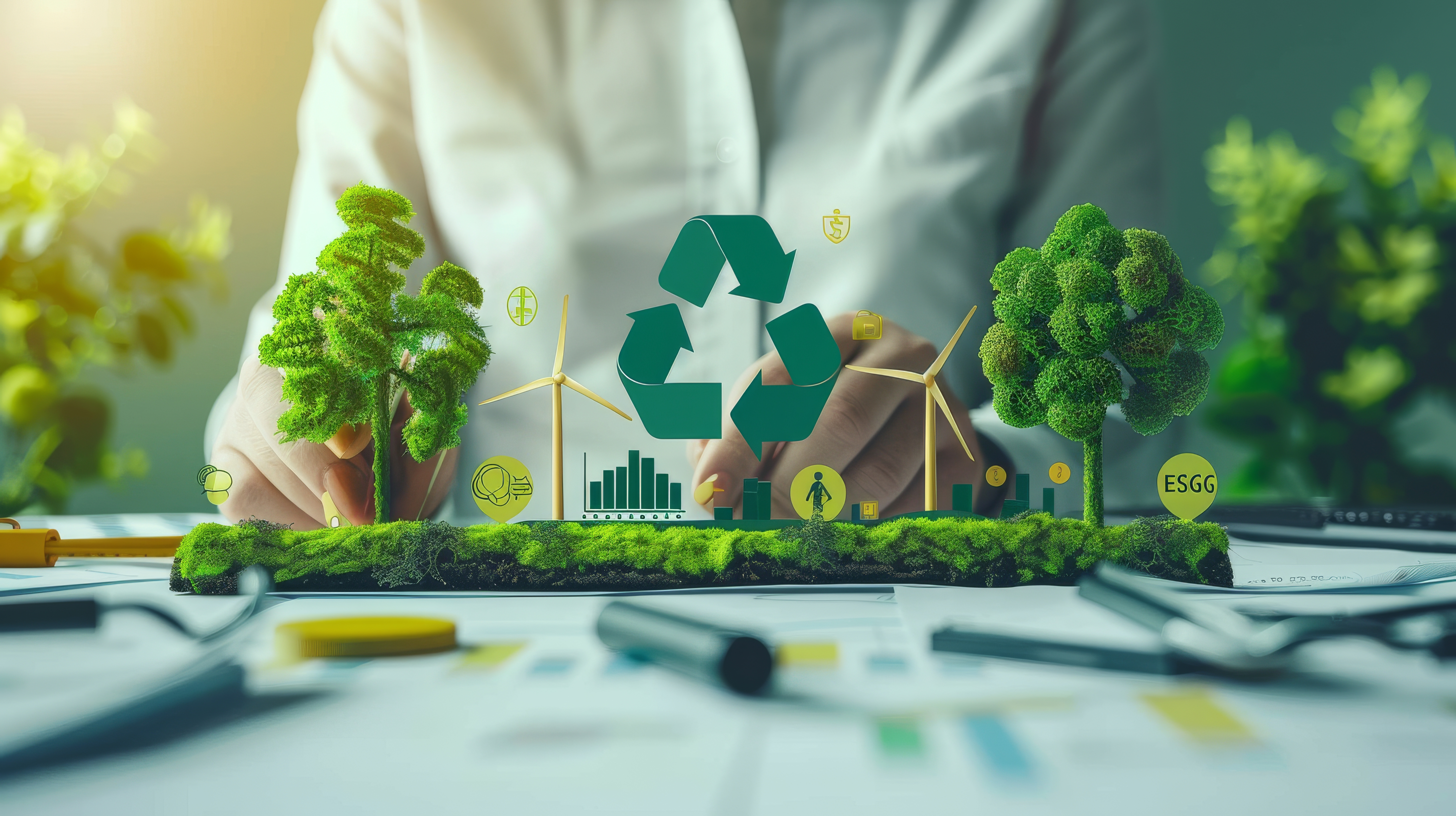 Das Bild zeigt eine natürliche Umwelt, die von nachhaltigen Symbolen durchzogen wird, wie z.B. Recycling-Pfeilen. Diese Symbole sind harmonisch in die Landschaft integriert und verdeutlichen die Verbindung zwischen Natur und nachhaltigen Geschäftsmodellen, die umweltfreundliche Praktiken in den Fokus stellen.