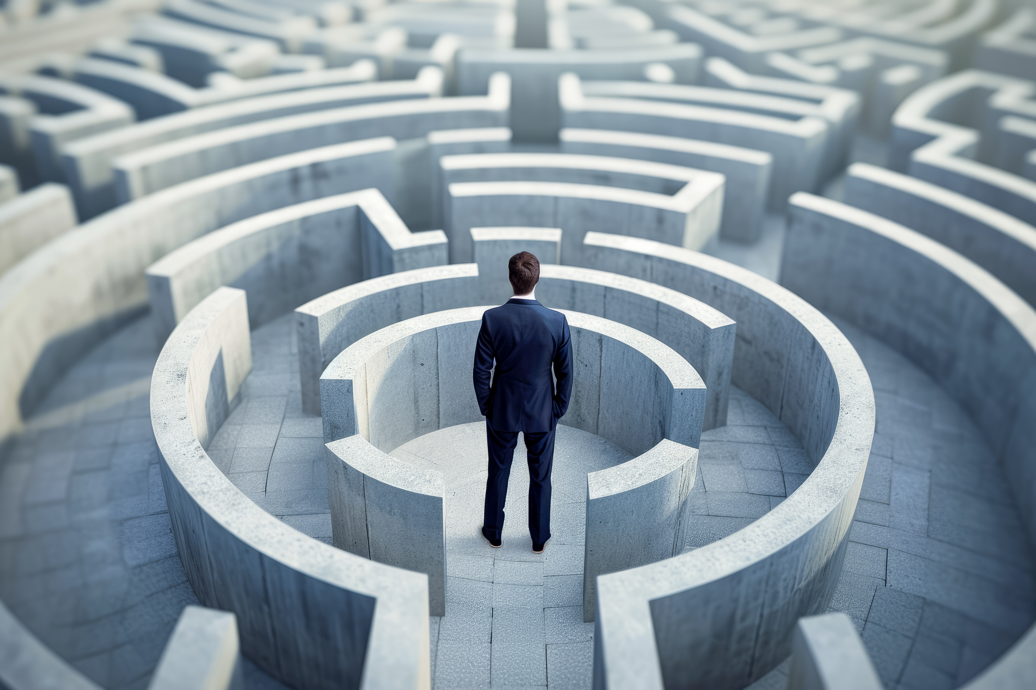 Das Bild zeigt einen Mann, der sich in einem labyrinthartigen Raum befindet, was symbolisch für die komplexen Entscheidungskriterien in Open-Source-Softwareprojekten steht. Der Mann navigiert durch die verschiedenen Wege, die die Herausforderungen und Überlegungen bei der Auswahl und Umsetzung von Open-Source-Strategien verdeutlichen.