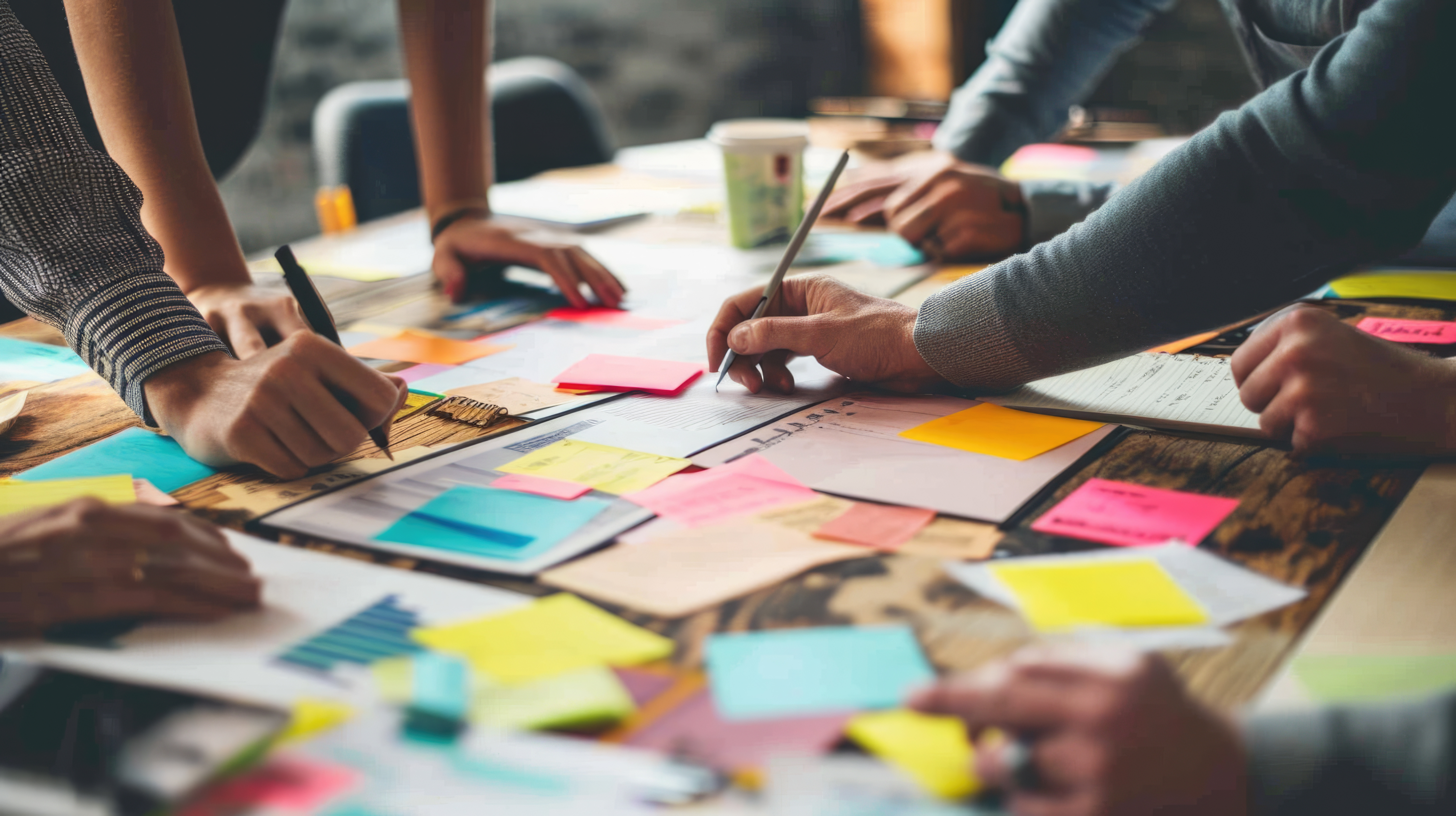 Das Bild zeigt eine Gruppe, die gemeinsam an einem Tisch arbeitet und Notizzettel austauscht. Es spiegelt die kollaborative Atmosphäre eines Workshops wider, in dem Open-Source-Strategien entwickelt werden.