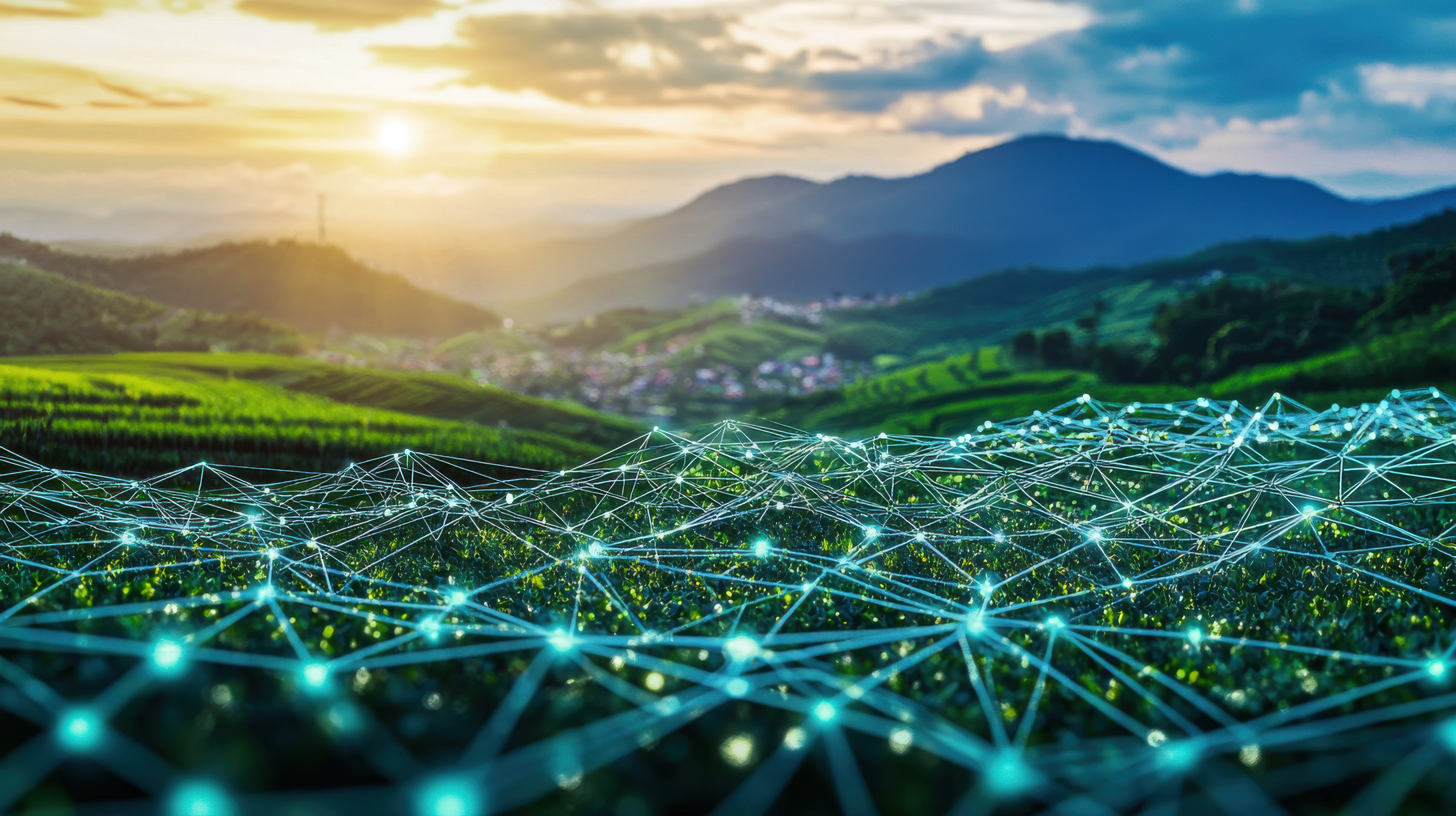 Eine digitale Landschaft mit miteinander verbundenen Blockchain-Knoten, zwischen denen Daten fließen und die die sichere und transparente Natur der Blockchain-Technologie in einem dezentralen digitalen Ökosystem darstellen