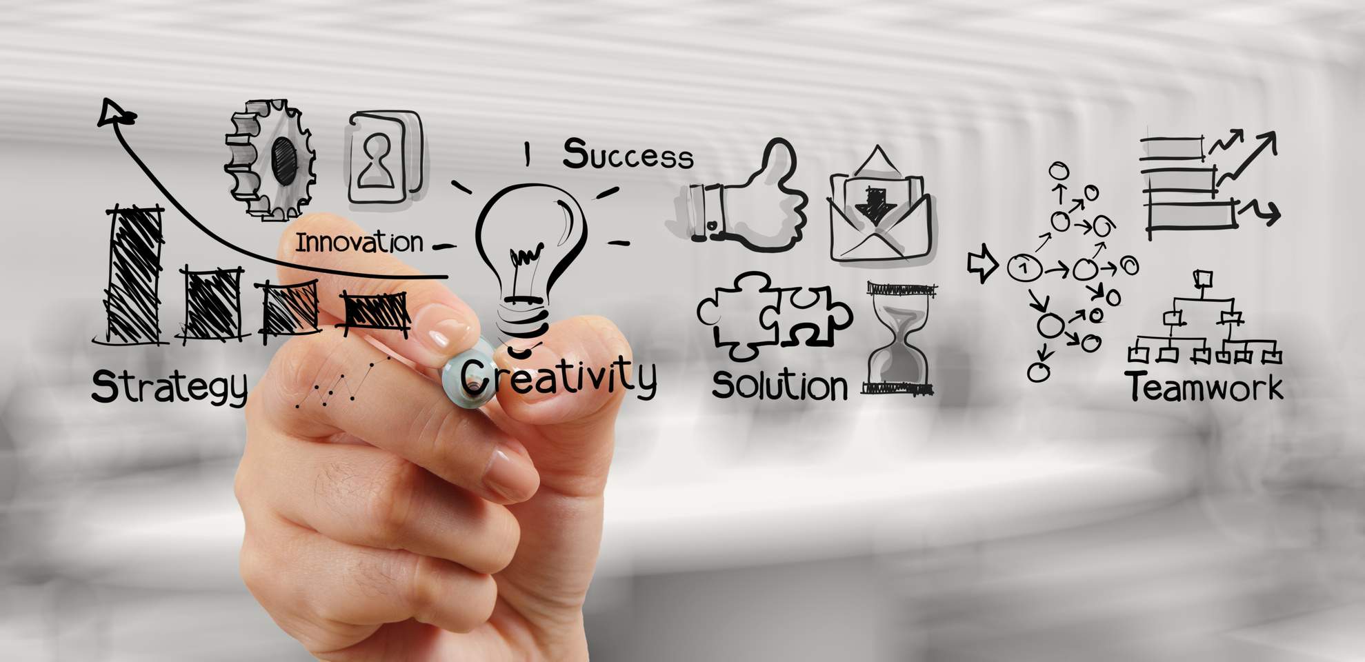 Das Bild zeigt eine Hand, die Konzepte wie Strategie, Innovation, Kreativität, Erfolg, Lösungen und Teamarbeit grafisch darstellt. Es symbolisiert den planerischen Prozess, wie er am Fraunhofer IML z. B. im Rahmen der operativen Leistungserbringung für Entsorgungsunternehmen durchgeführt wird.