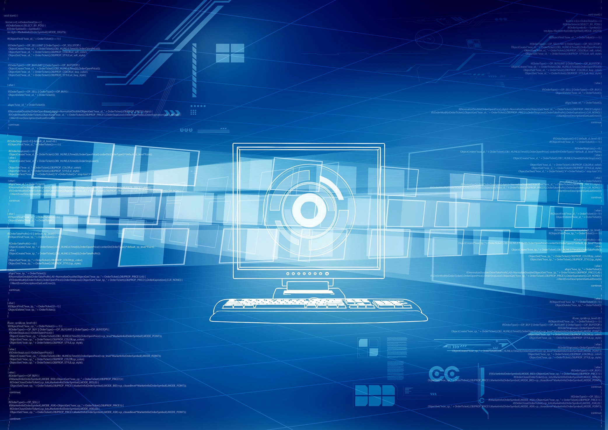 Das Bild zeigt eine digitale Darstellung, die Hardware und Software-Lösungen für die Logistik symbolisiert. Ein Computer und Datenströme verdeutlichen moderne Technologien in der Branche, die mit der Unterstützung des Fraunhofer IML  implementiert werden können.
