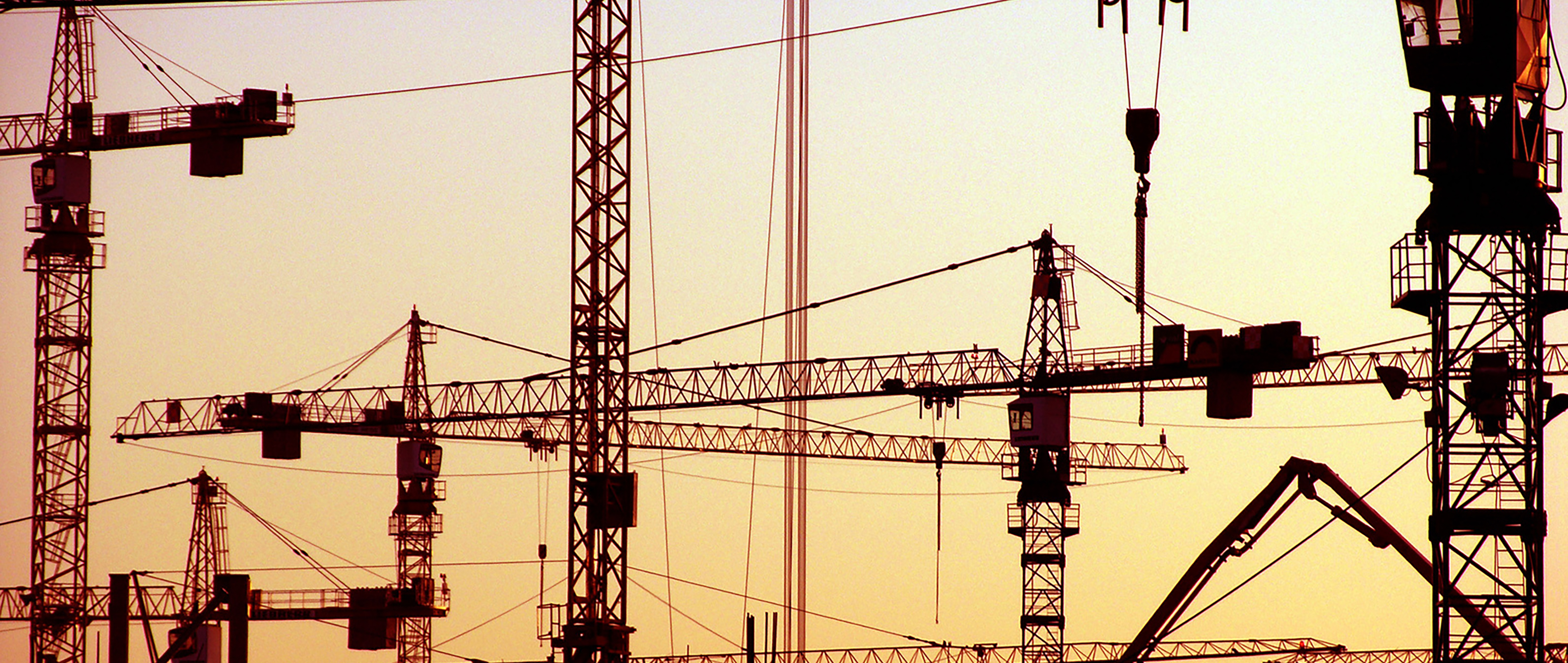 Das Bild zeigt zahlreiche Baukräne bei Sonnenuntergang und symbolisiert die Herausforderungen der Zulieferindustrie in der Baubranche. Effektives Supply Chain Management ist entscheidend für reibungslose Abläufe und Materialversorgung. Das Fraunhofer IML unterstützt die Baubranche mit Logistikkonzepten für die SCM.