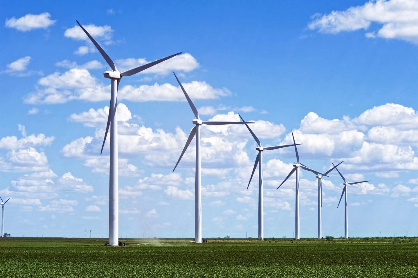 Das Bild zeigt Windräder auf einem Feld. Sie stehen symbolisch für den Klimaschutz in Logistik und Verkehr. Das Fraunhofer IML unterstützt Unternehmen, Kommunen und Verbraucher bei der Umsetzung ihren Klimaschutzziele. 