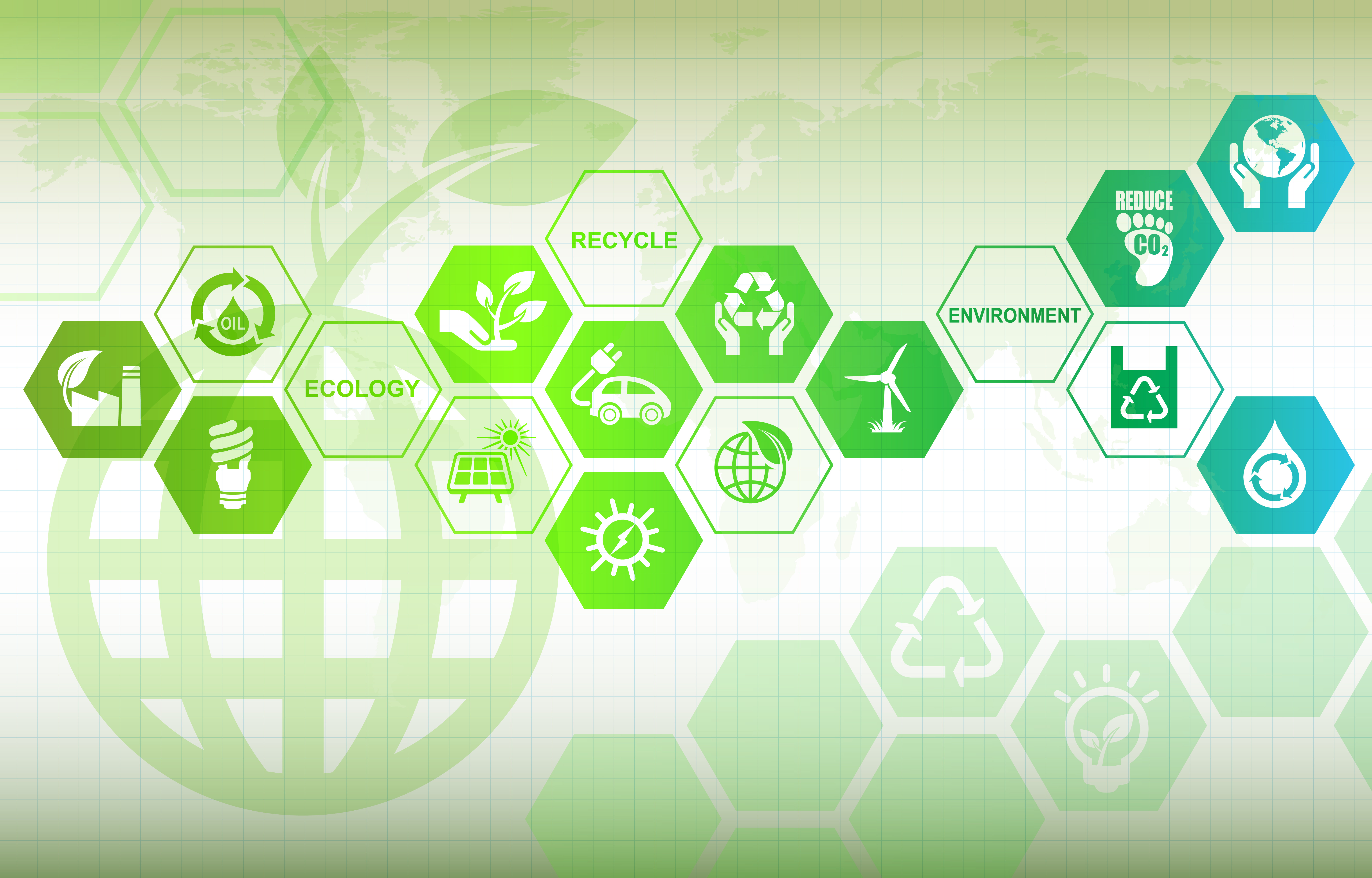 Das Bild zeigt eine grüne, hexagonale Anordnung von Symbolen, die verschiedene Umwelt- und Nachhaltigkeitsthemen repräsentieren. In der Mitte ist eine stilisierte Erde mit einem Blatt, was auf ökologische Themen hinweist. Zu den dargestellten Themen gehören Recycling, erneuerbare Energien wie Solar- und Windkraft sowie Umweltschutz und Smart Green Cities. Diese Themen werden in Beratungs- und Forschungsprojekten am Fraunhofer IML adressiert.
