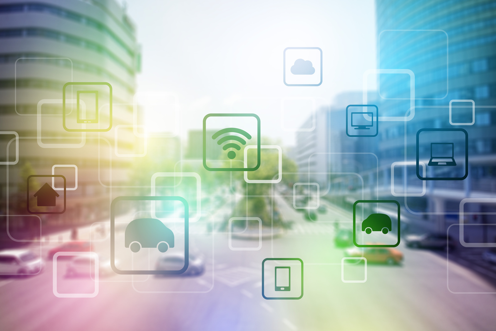 Das Bild zeigt eine städtische Verkehrsansicht mit überlagerten Symbolen für Technologie, Digitalisierung und Vernetzung,. Darunter befinden sich auch Symbole für WLAN, Autos und Geräte, die Logistiklösungen, wie sie auch am Fraunhofer IML entstehen, darstellen.