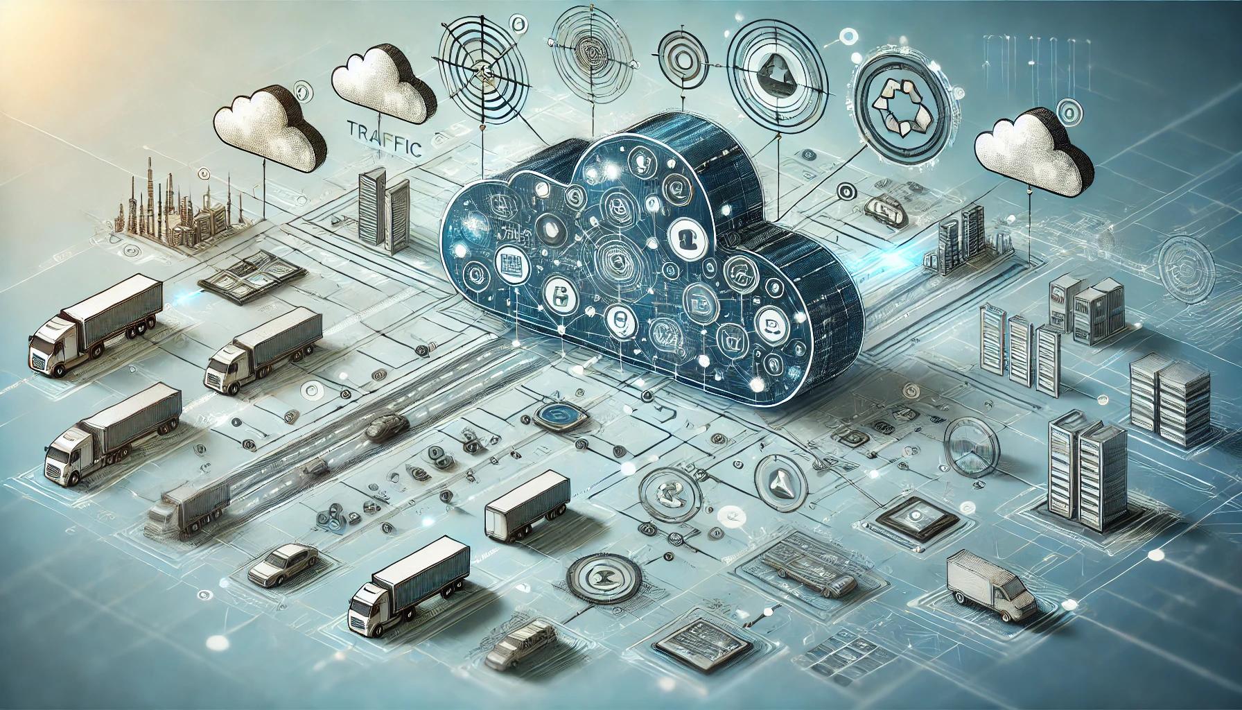 Illustration einer Cloud-basierten KI-Plattform Logistik: Omnistics, entwickelt am Fraunhofer IML, für effiziente, IT-arme Speditionslösungen.