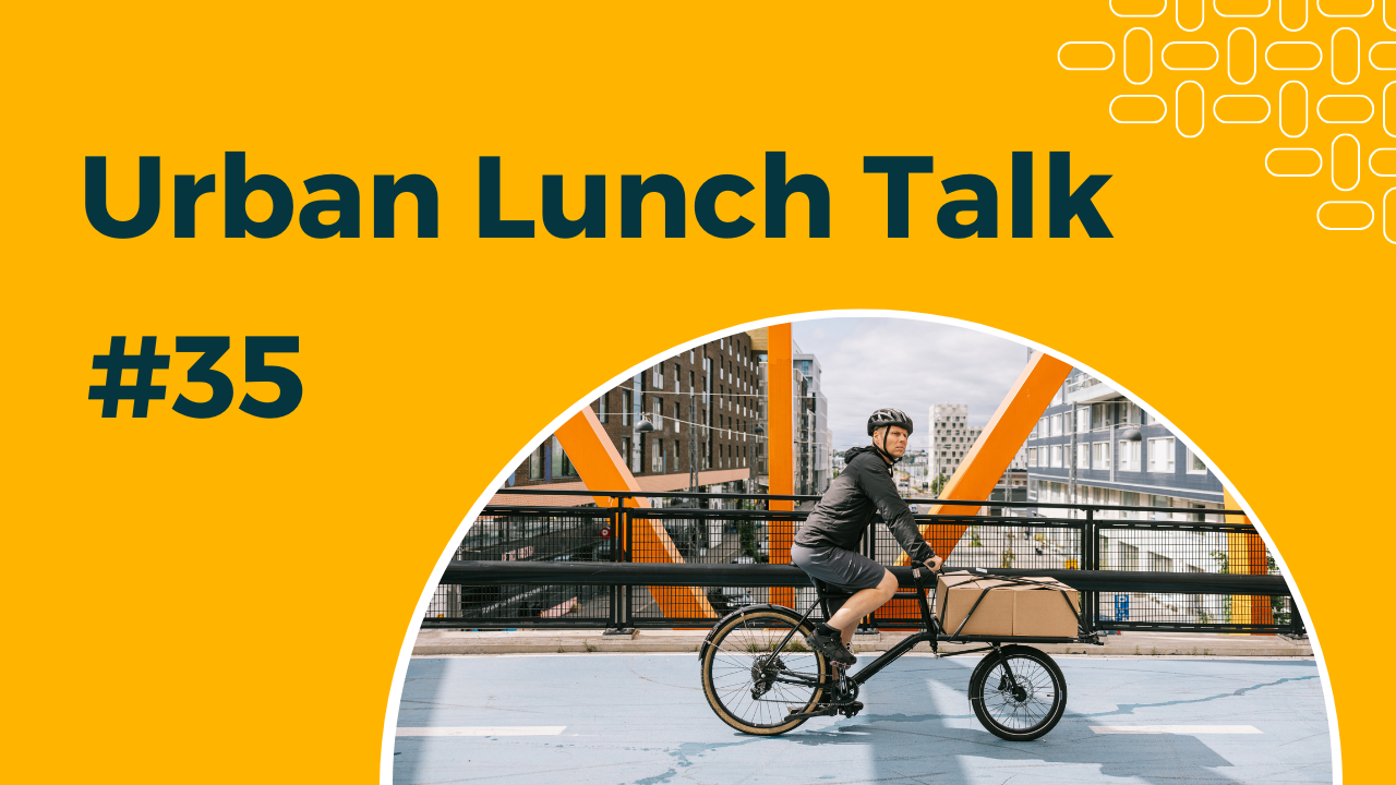 Das Bild zeigt eine gelbe Grafik mit der Aufschrift „Urban Lunch Talk #35“ und einem eingebetteten Foto eines Radfahrers auf einem Lastenfahrrad in einer urbanen Umgebung.