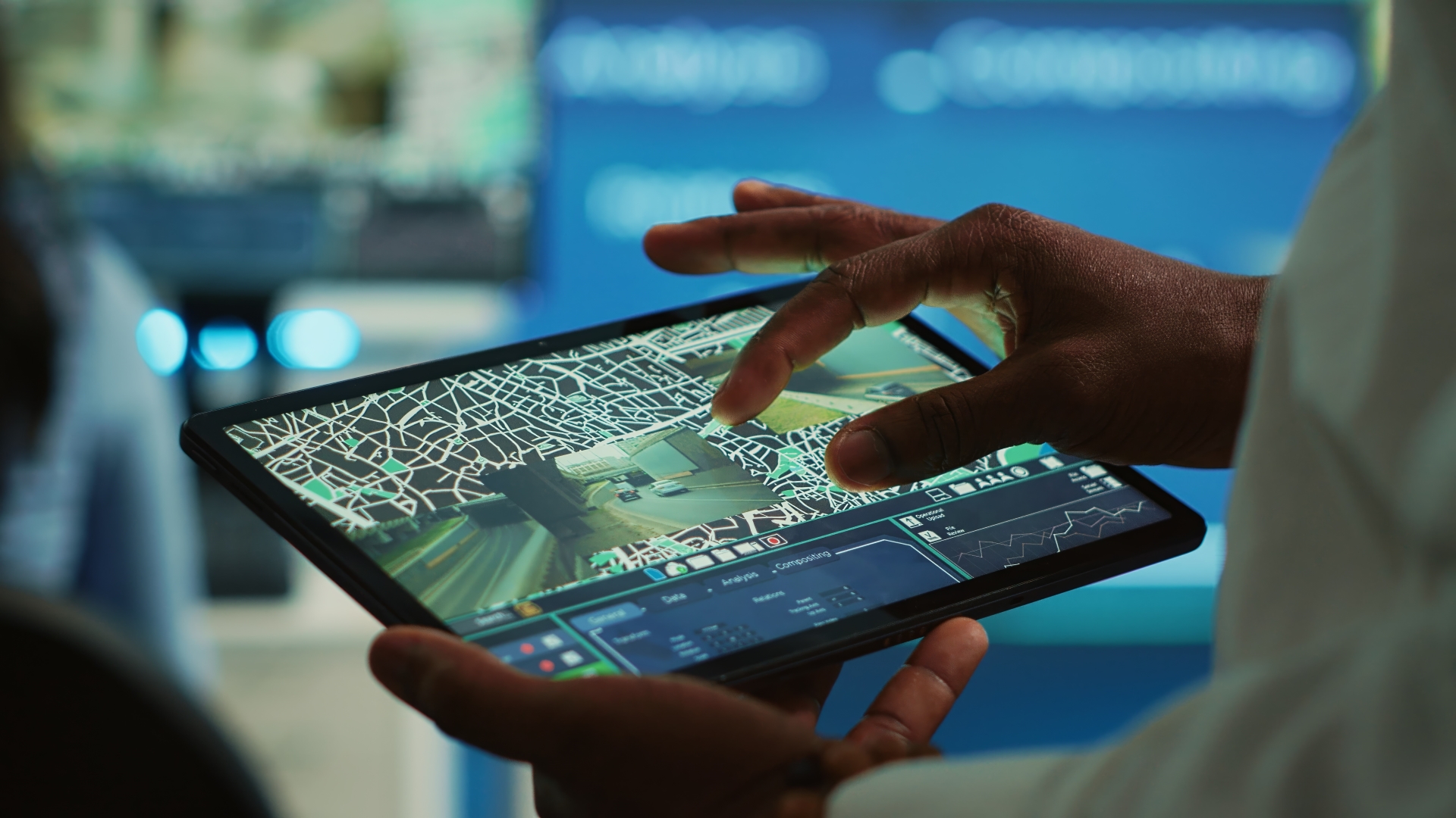 Das Foto zeigt eine Person, die ein Lieferfahrzeug mithilfe einer Satellitenkarte zur Navigation in der Stadt verfolgt und überwacht Bestellungen über Überwachungsaufnahmen und ein CCTV-System.