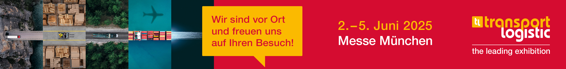 Werbebanner zur transport logistic, die am 2.-5. Juni 2025 unter dem Motto "Experience Connectivity" in München stattfindet. Das IML ist vor Ort und freut sich auf Ihren Besuch.