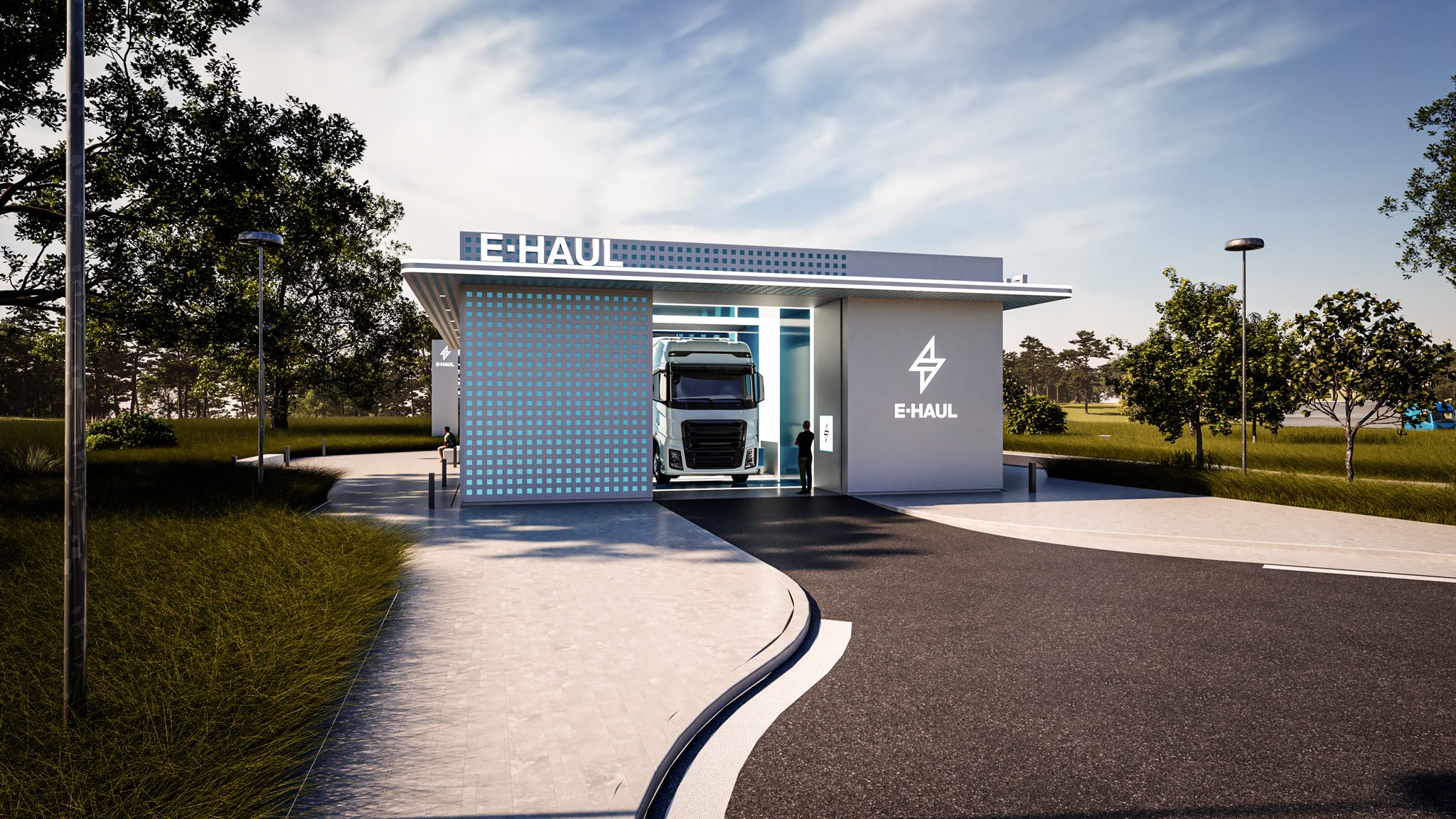 3D-Rendering einer Battery-Swapping-Station von  E▪HAUL.