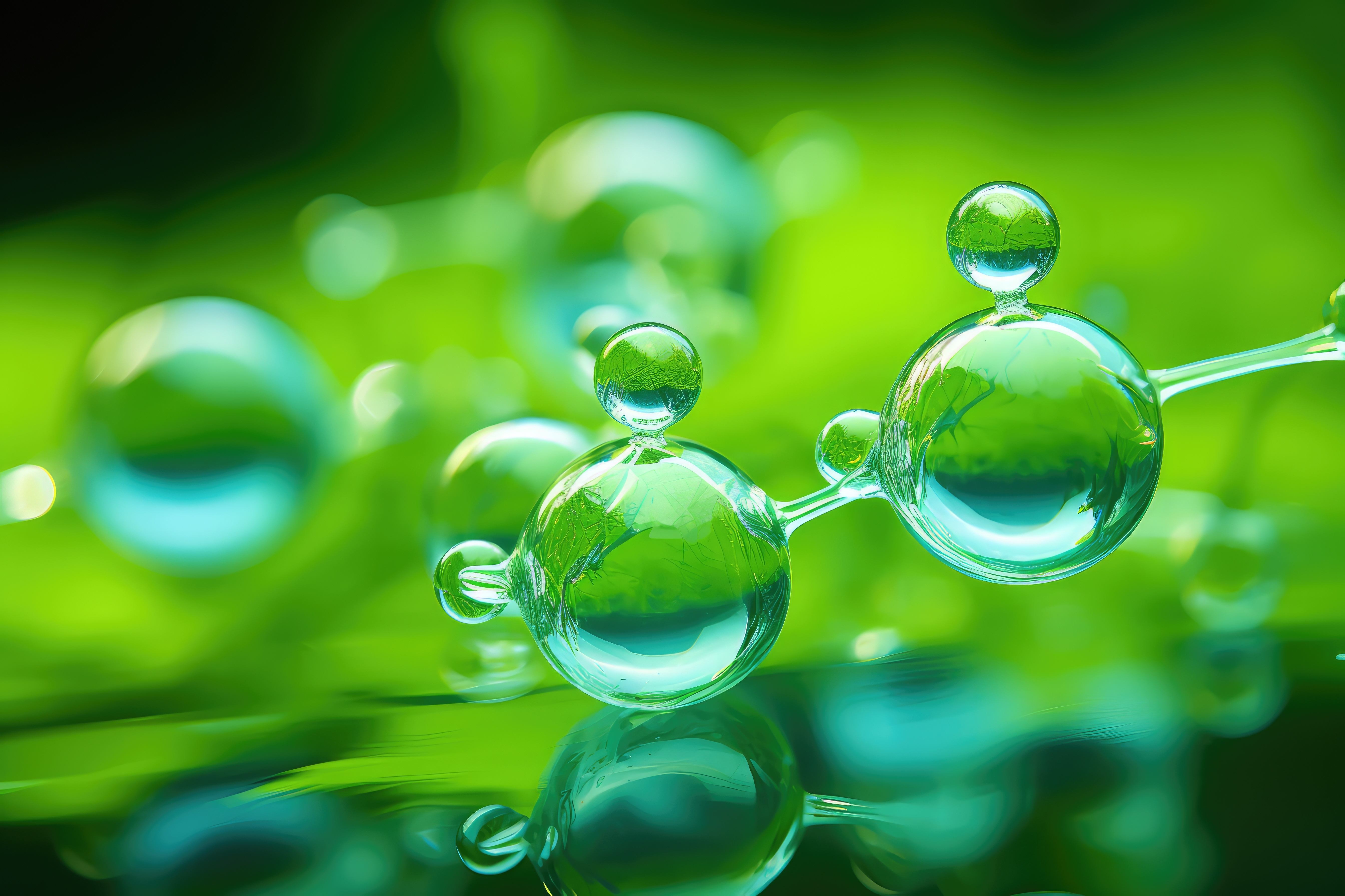 Grüne Wasserstoff-Moleküle vor einem grünen Hintergrund.