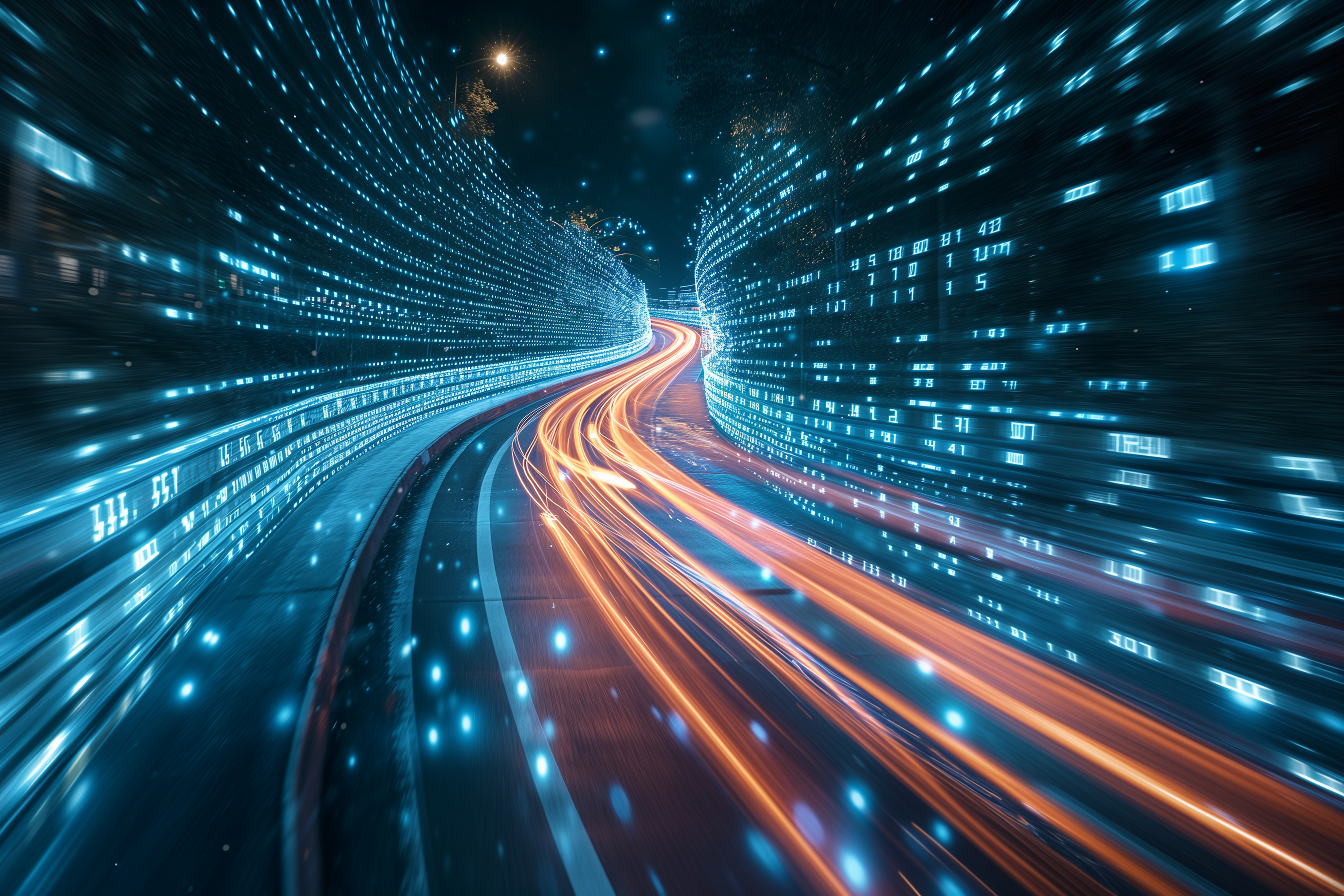 Highway in die digitale Welt mit binärem Code und leuchtenden Spuren.