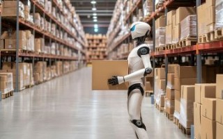 Humanoider Roboter, der einen Karton hält und in einem Lager steht. 