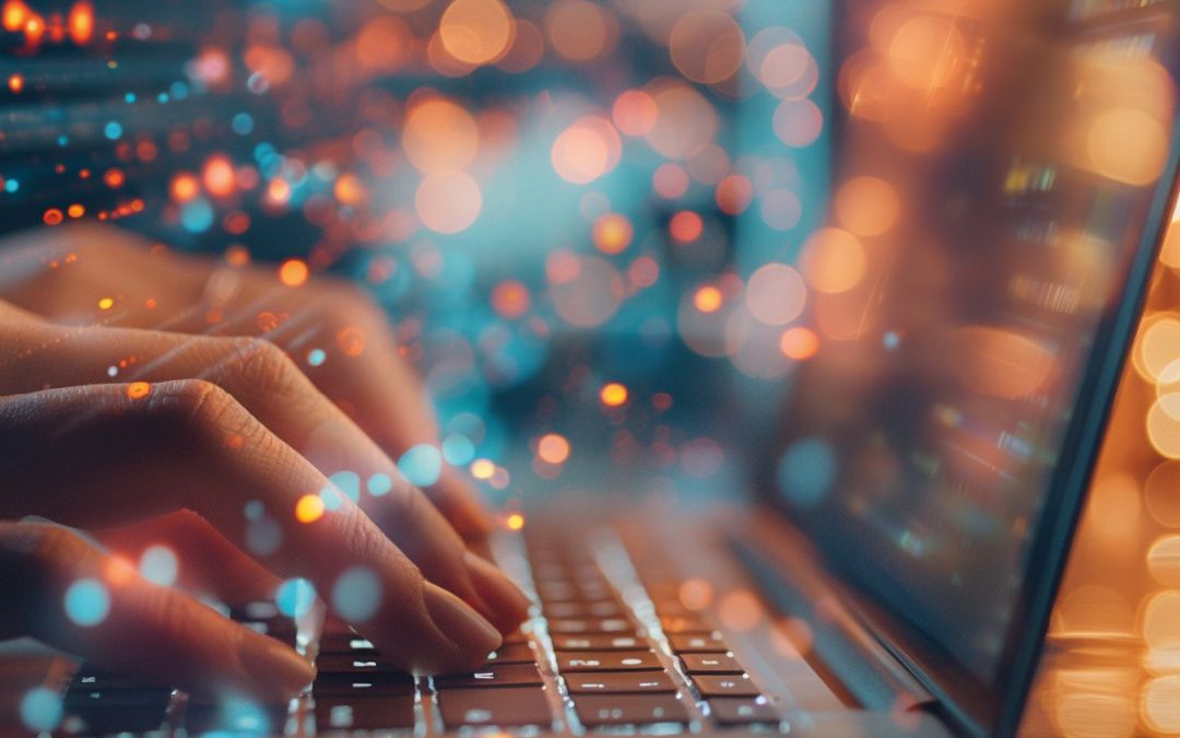 Marktstudie Teaser Das Bild zeigt eine Computertastatur mit Händen auf den Tasten liegend, umgeben von blau-gelben Lichtern.