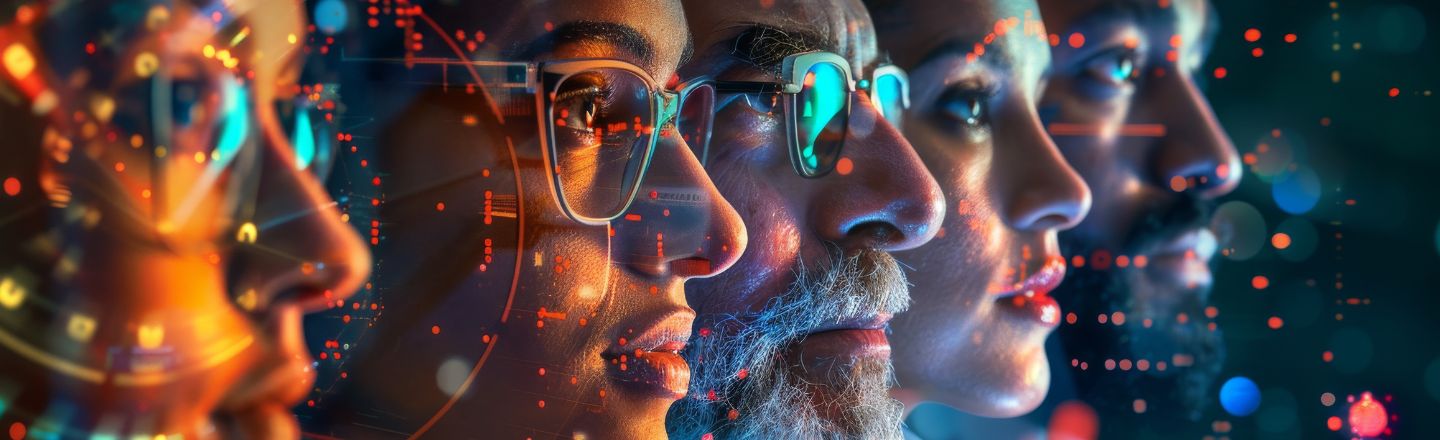 Fünf Forschende in digitaler Umgebung mit Fokus auf Digitalisierung und Forschung