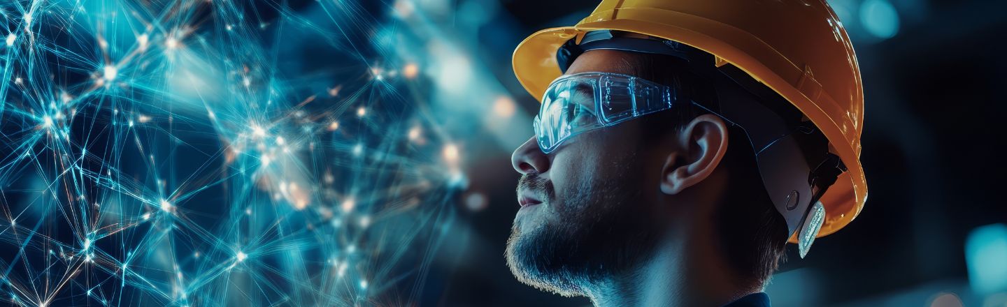 Ein Arbeiter mit einem Schutzhelm steht vor einer futuristischen, digital vernetzten Hintergrundszene.