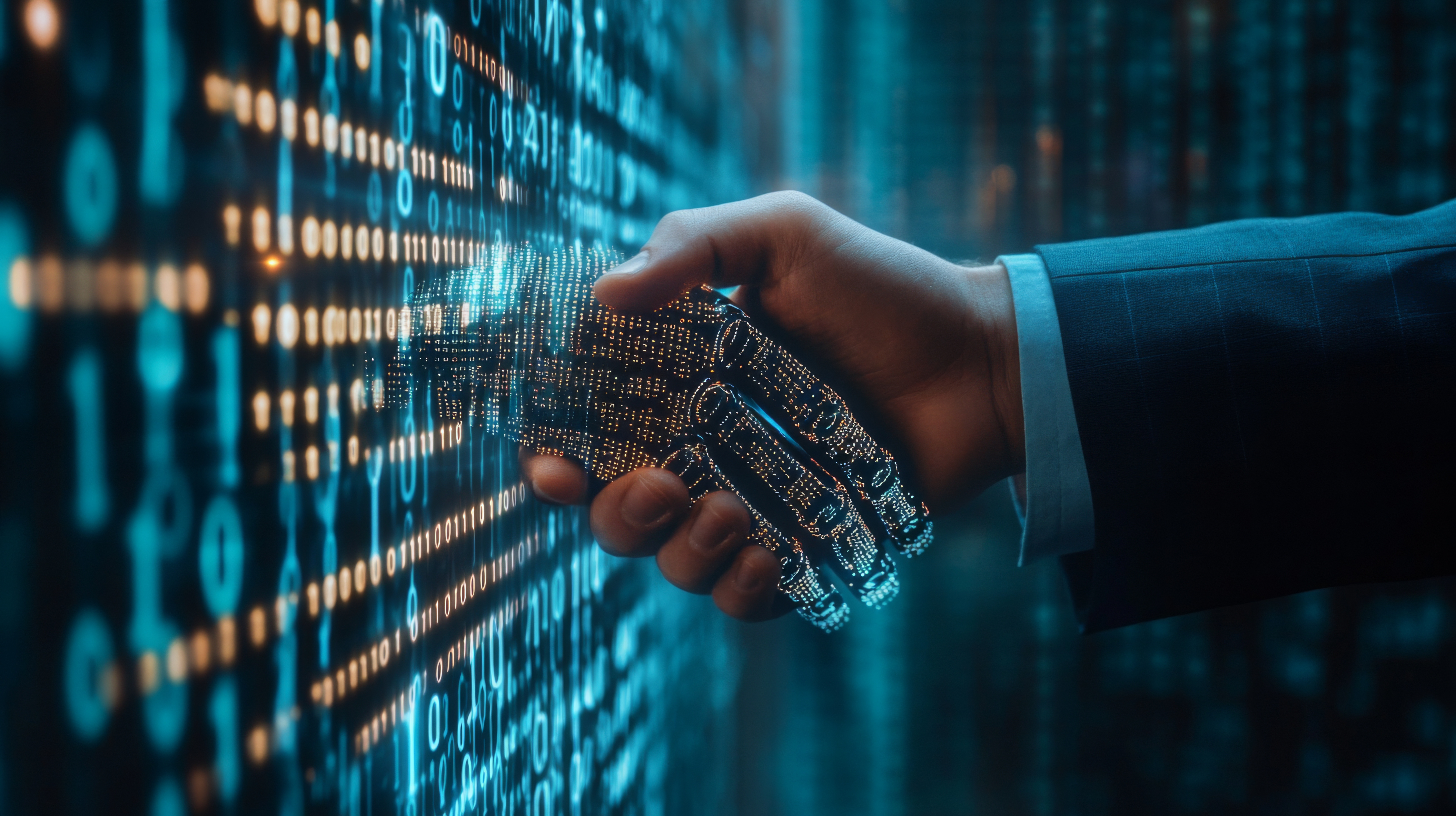Geschäftsmann und Roboter schütteln sich die Hände über technologische Innovationen, Fortschritte beim maschinellen Lernen und die Partnerschaft mit der zukünftigen Künstlichen Intelligenz