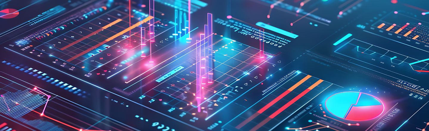 Futuristische digitale Schnittstelle, die abstrakte Datenvisualisierung mit Diagrammen, Grafiken und Linien zeigt. Die leuchtenden Farben und das abstrakte Design erwecken ein Gefühl von Innovation und technologischem Fortschritt.