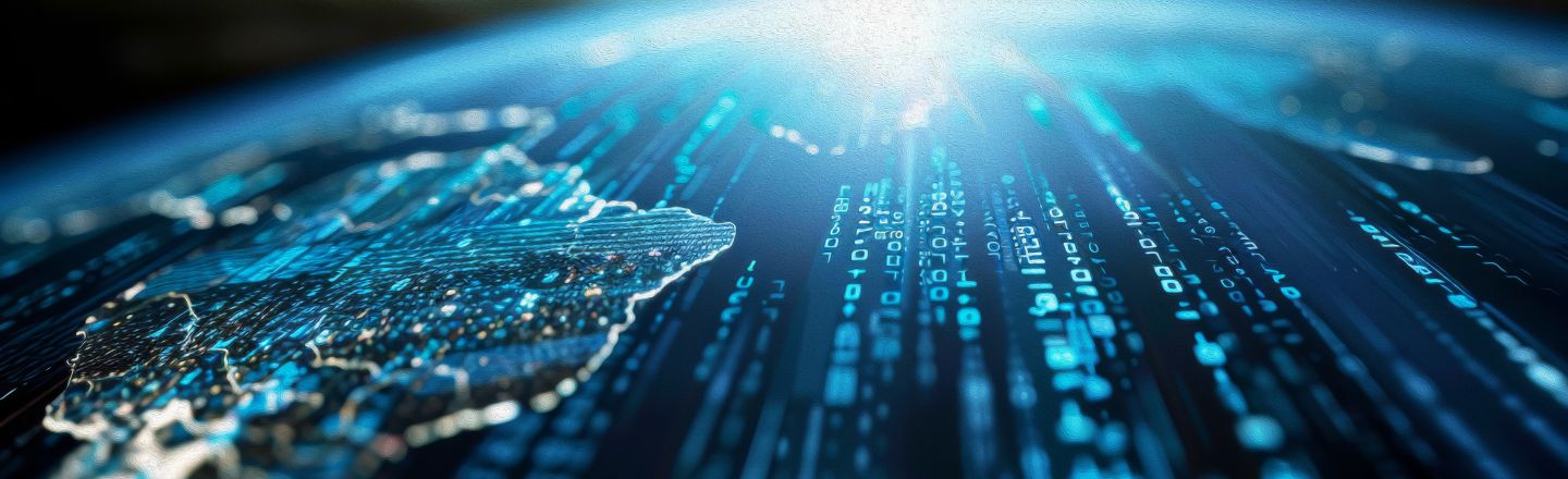 Das Bild zeigt eine digitale Darstellung der Erde, bei der Kontinente in leuchtendem Blau hervorgehoben sind, während darüber fallende binäre Zahlen und Datenströme eine futuristische, technologische Atmosphäre erzeugen.
