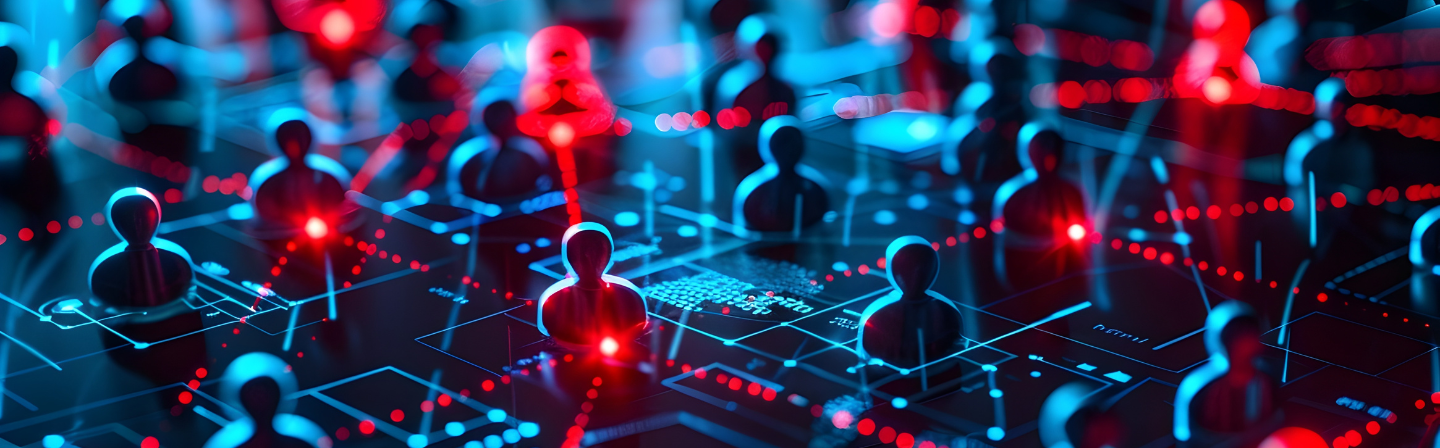 Abstraktes digitales Netzwerk mit vernetzten Personen-Icons und roten Knoten – Symbol für Unternehmensresilienz.