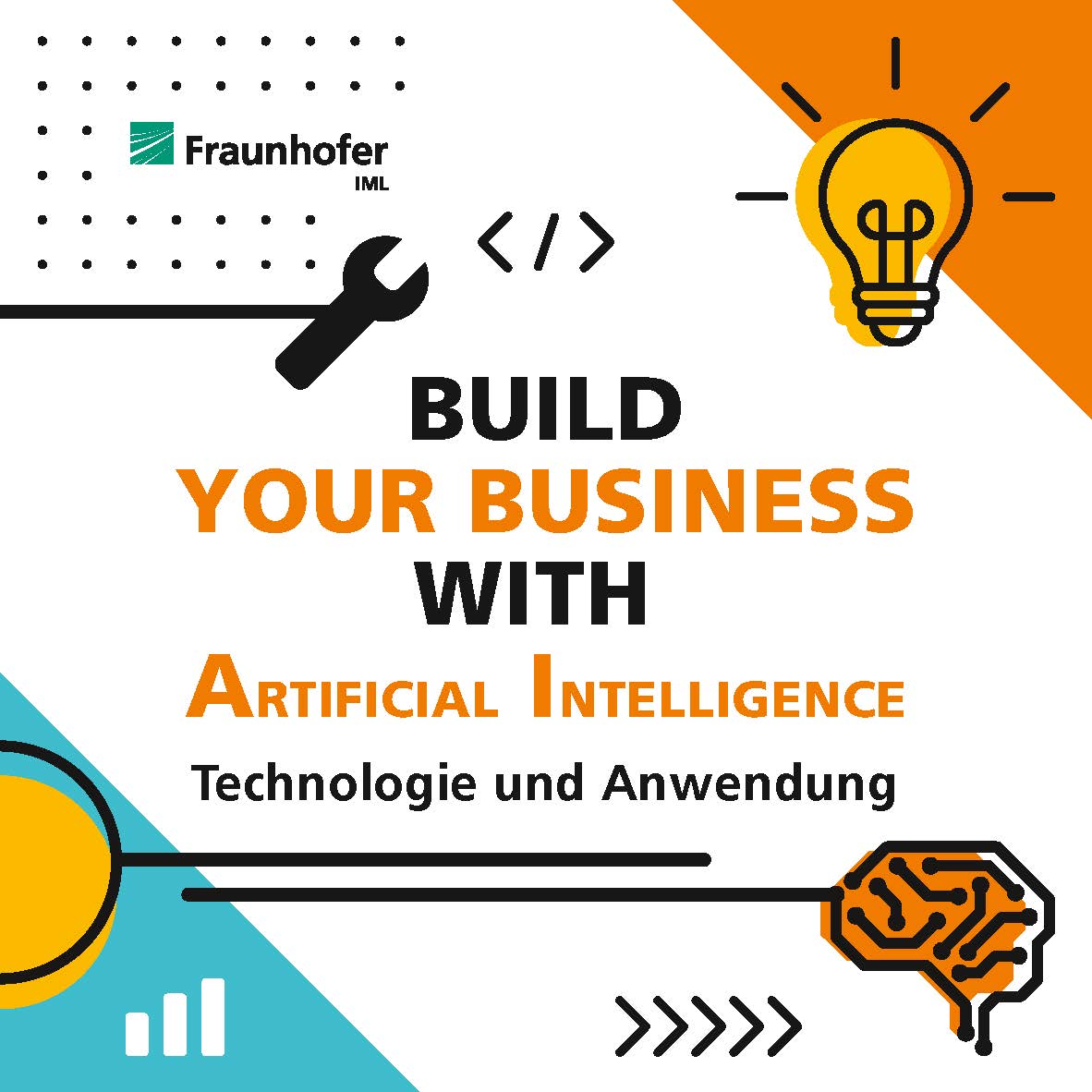 Hintergrund Türkis, Orange und Weiß, Illustrationen: Glübirne, Machine Learning, Kreis, Fraunhofer IML Logo