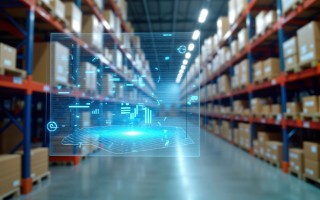 Die Bildbeschreibung zeigt ein modernes Lager mit Regalen voller Kartons, in dem eine holografische Benutzeroberfläche mit Datenvisualisierungen über dem Boden schwebt.