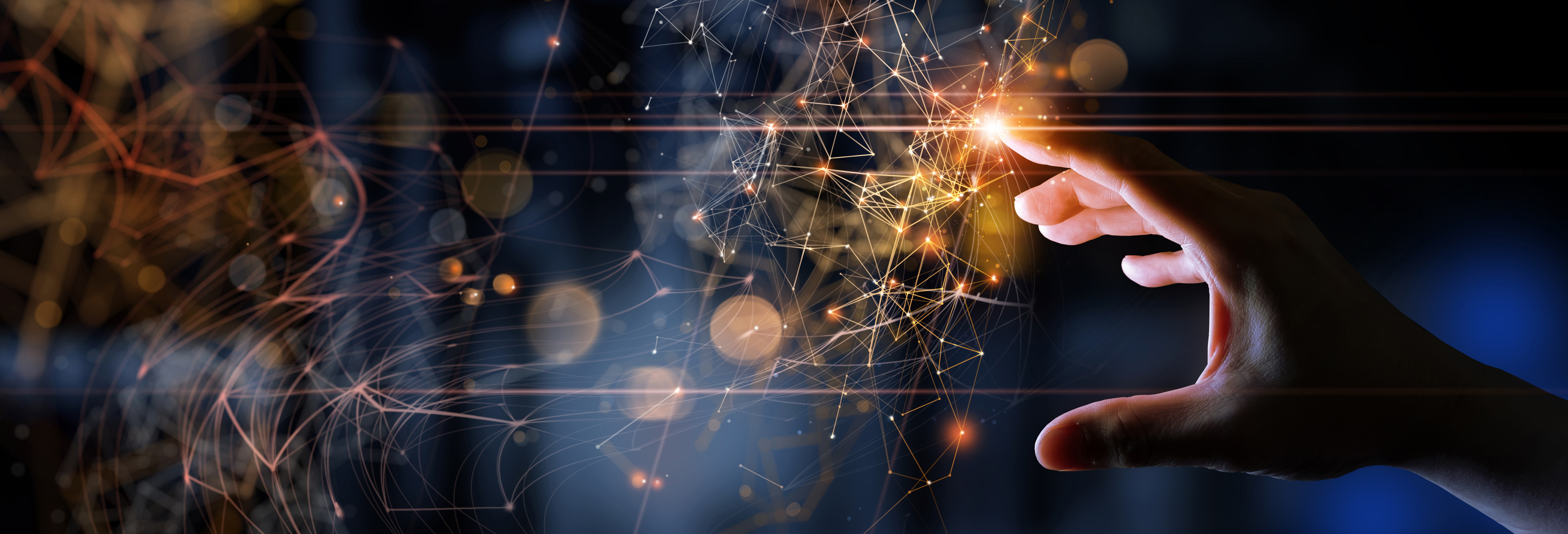 Das Bild zur LogiMAT 2025 symbolisiert das Thema Digitalisierung durch eine Hand die auf ein Netzwerk aus Lichtlinien und Kontenpunkten zeigt.
