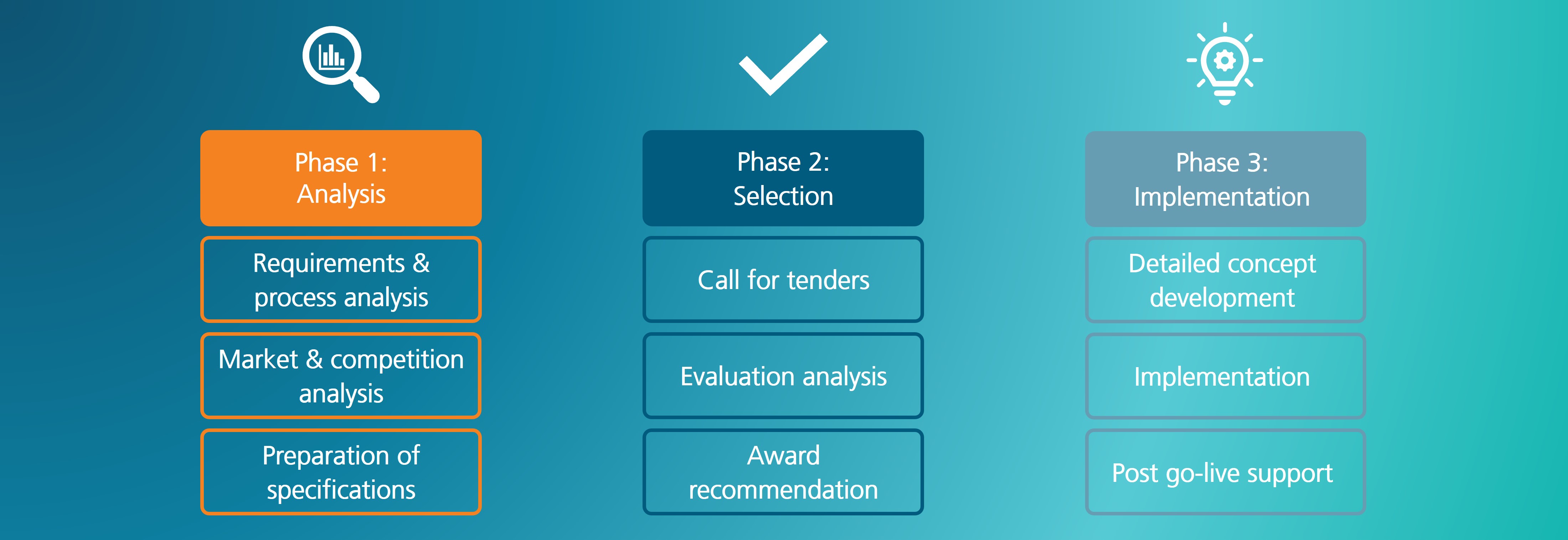 Phase 1 (Analysis) includes requirements & process analysis, market & competition analysis and preparation of specifications. Phase 2 (Selection) includes call for tenders, evaluation analysis and award recommendation. Phase 3 (Implementation) includes detailed concept development, implementation and post go-live support.