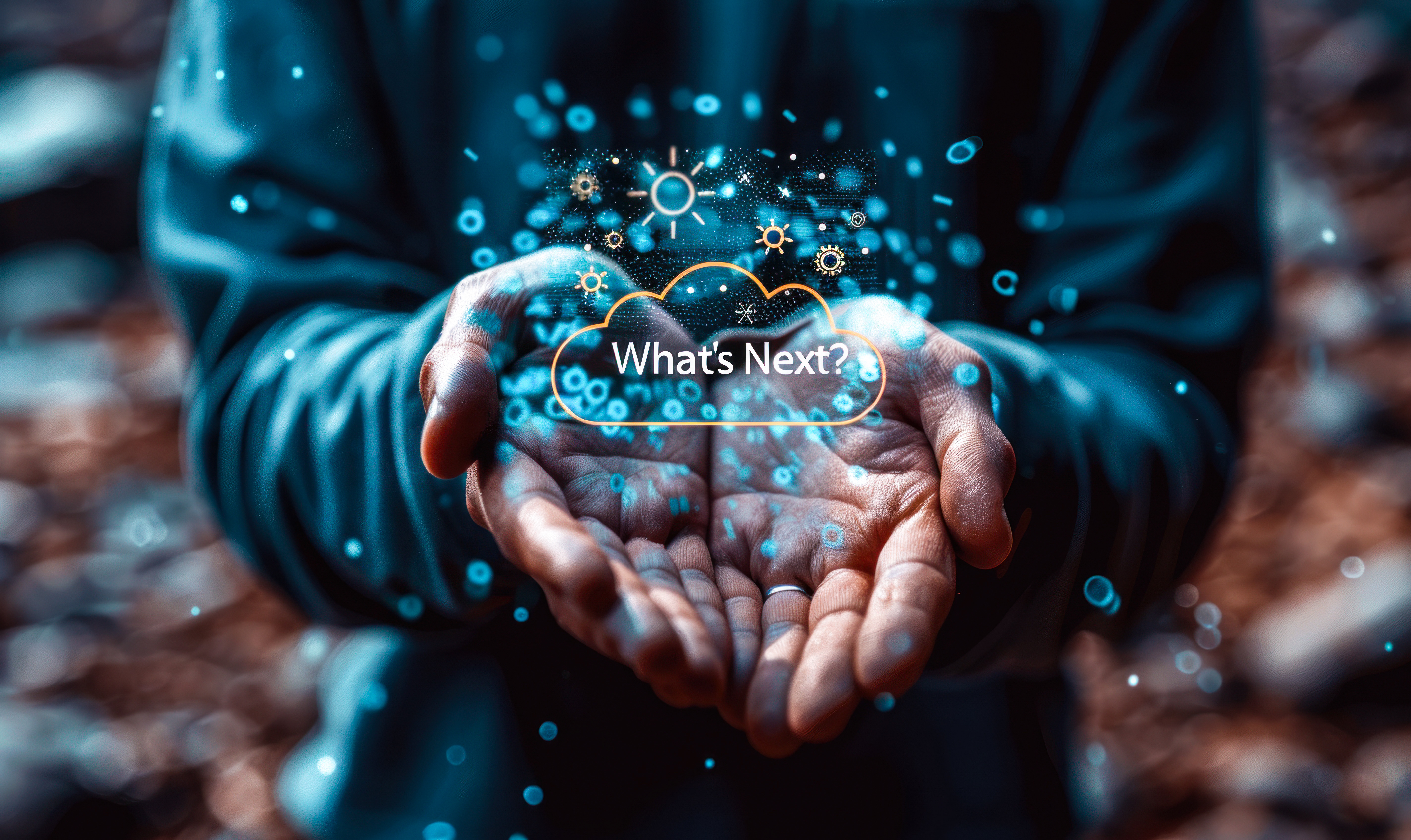Eine Person hält ein holografisches Symbol mit Zahnrädern und dem Satz „What's Next?“ in den Händen, das das Konzept von Innovation, Fortschritt und der Erkundung zukünftiger Möglichkeiten in der Technologie oder im Geschäftsleben darstellt.