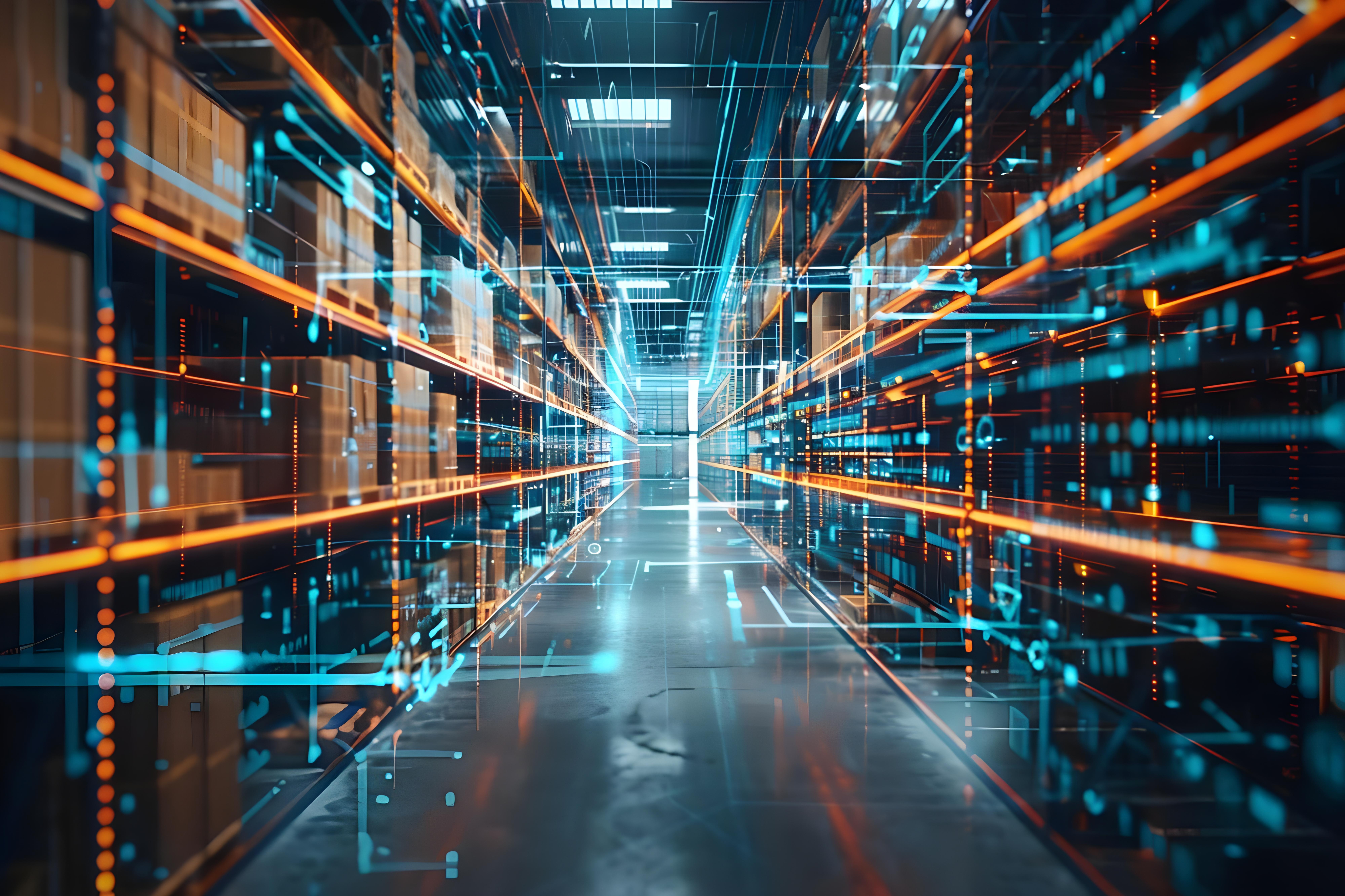 Modernes Lagermanagement visualisiert die Digitalisierung für eine effiziente, integrierte und moderne Logistik in der Praxis. Konzept Warehouse Management, Digitalisierung, moderne Logistik, Effizienz