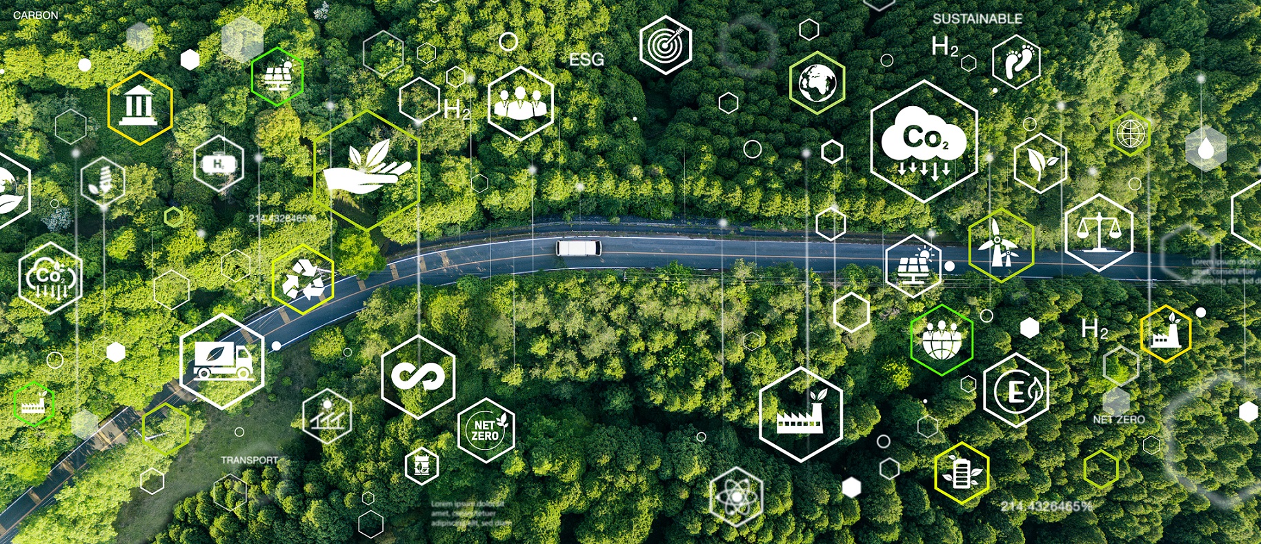 The image represents Fraunhofer IML's focus on Green Logistics, showcasing a sustainable transport route surrounded by various eco-friendly icons and symbols related to environmental impact.