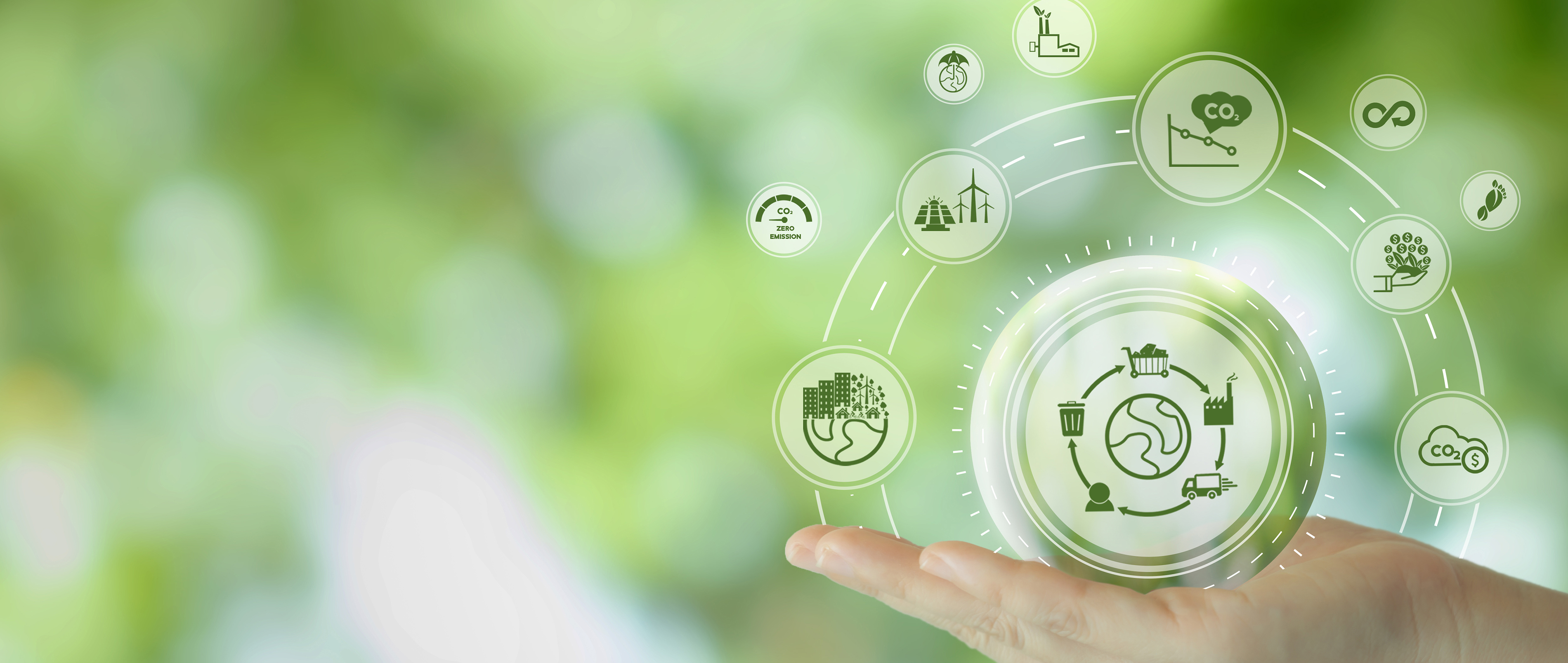 The image shows symbols representing sustainability and resources—topics addressed by Fraunhofer IML. It illustrates how companies can tackle climate change and resource scarcity to align ecological and economic goals.