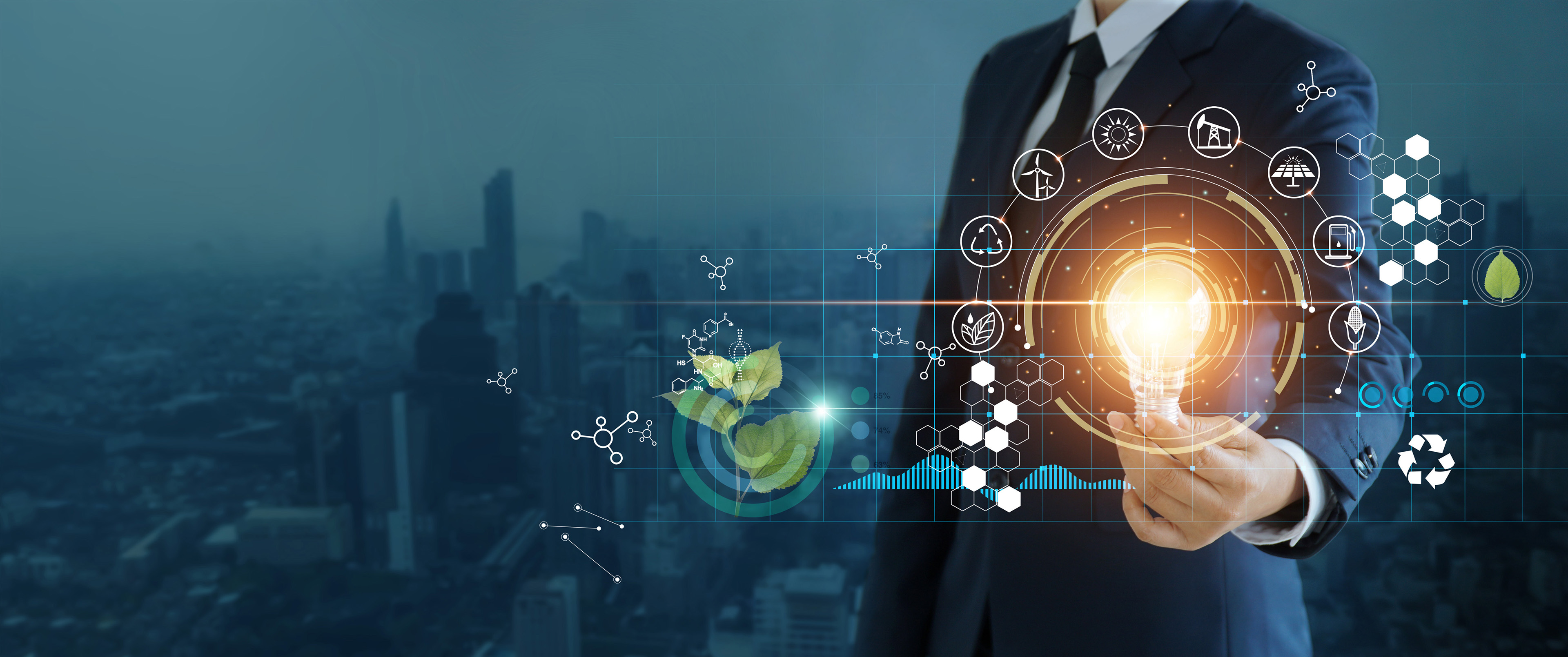 The image shows a man in a suit holding a glowing light bulb. Surrounding him, represented in a circular layout, are various digital symbols that represent technology, science, and innovation. A highlighted green branch, arranged in circles, symbolizes sustainability and circularity. In the background, an urban skyline indicates a business environment. The overall image conveys a sense of sustainability, circularity, and progress.
