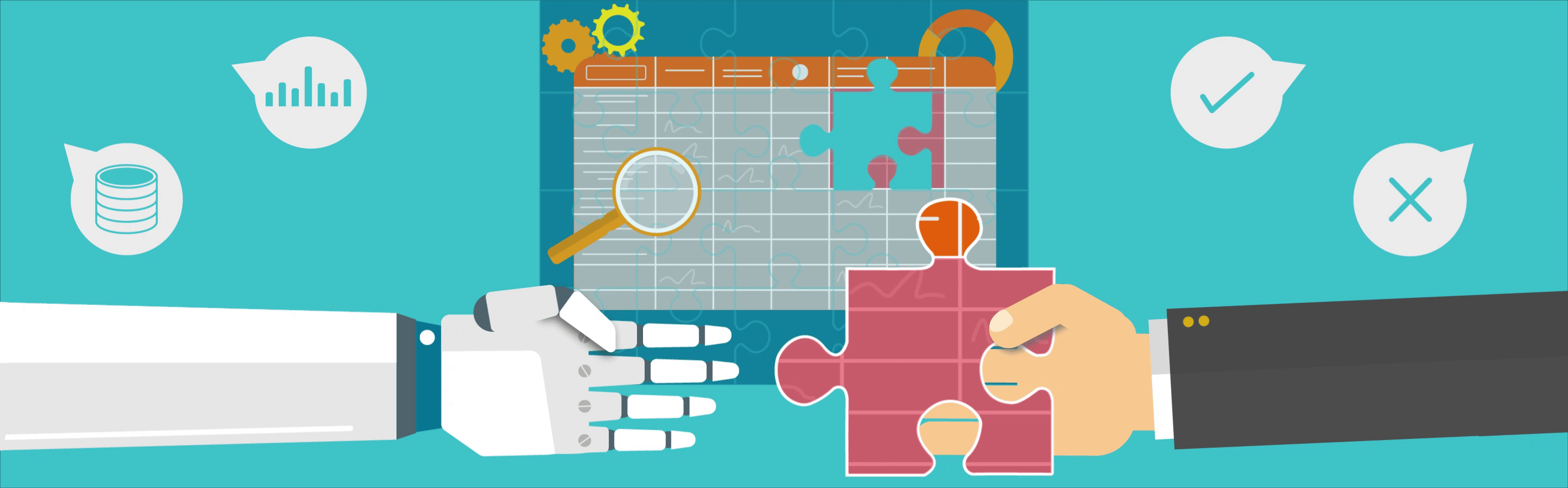 Auf dem Bild erstellen eine Hand und eine Roboterhand gemeinsam einen Plan, hier symbolisch als Puzzle dargestellt.