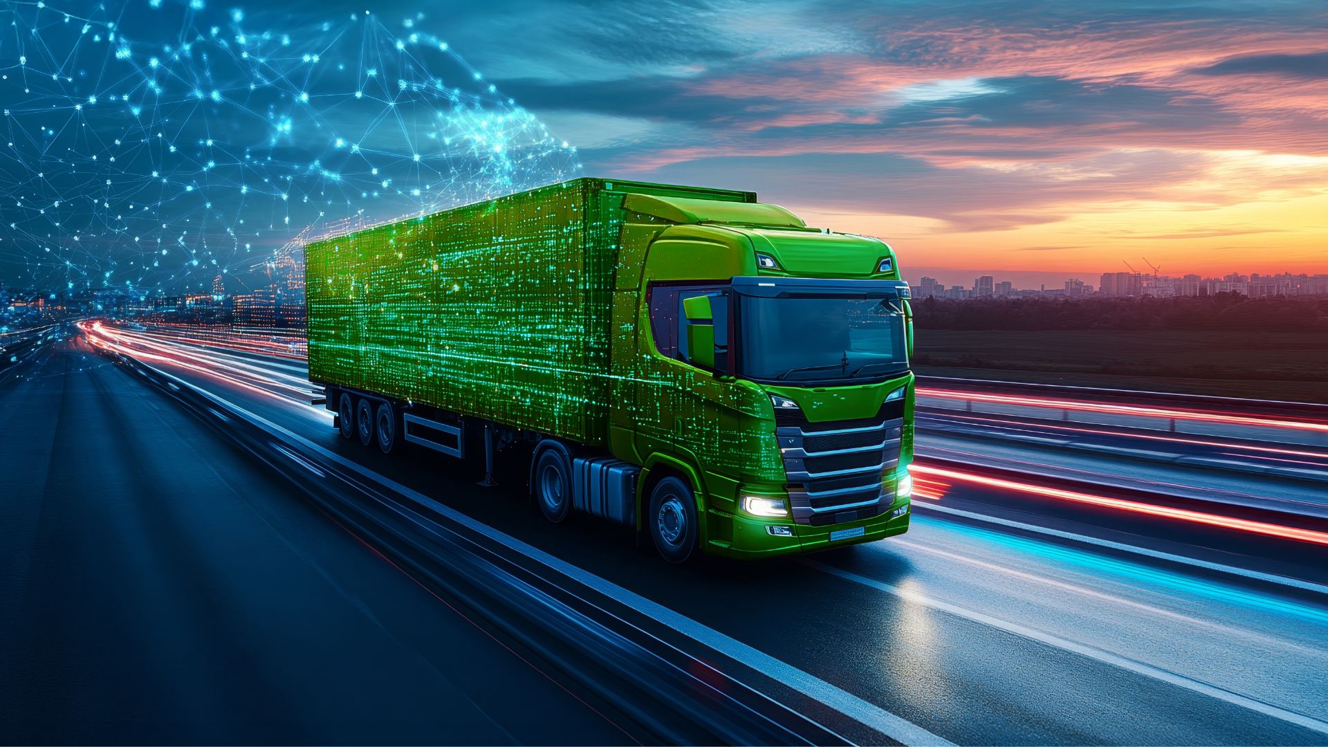 A green truck drives on the highway during sunset.