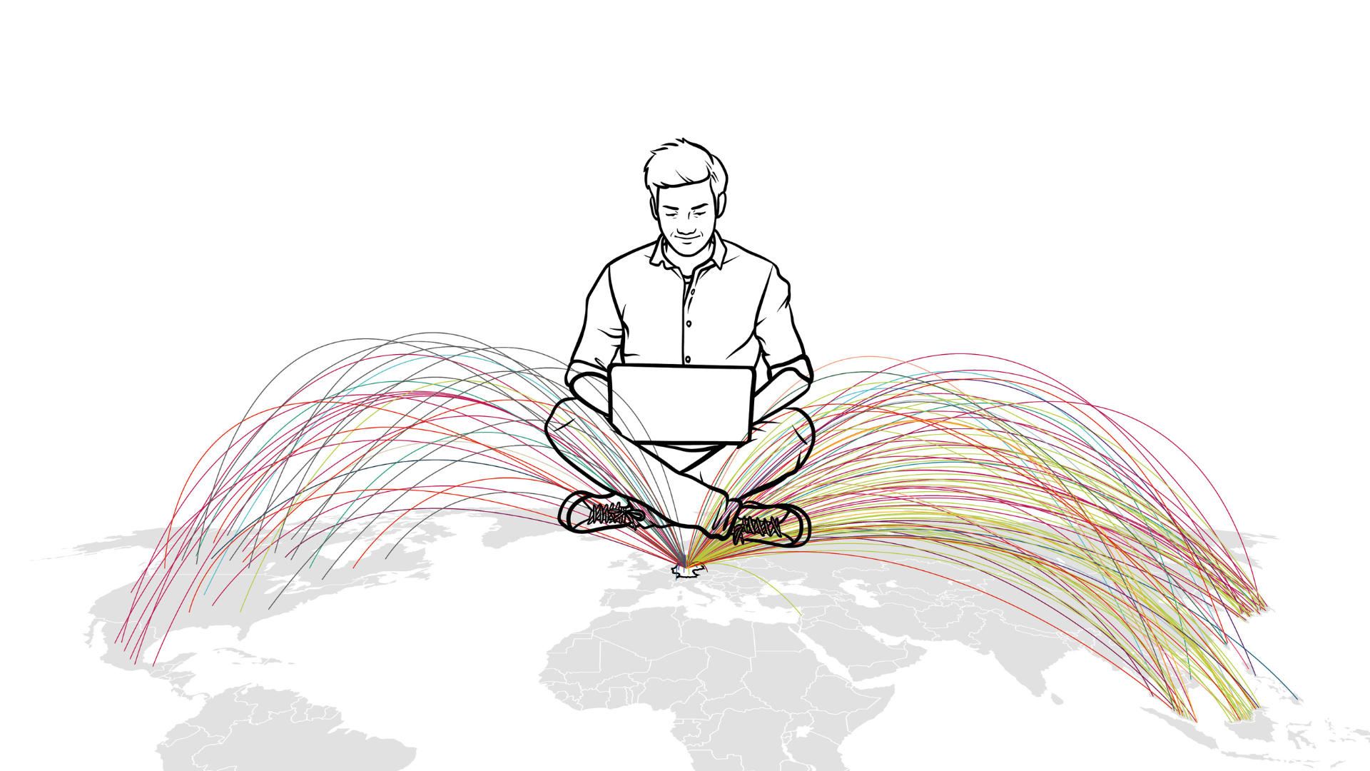A caricature of a man sitting on the world map with a laptop with colorful connections to the countries.