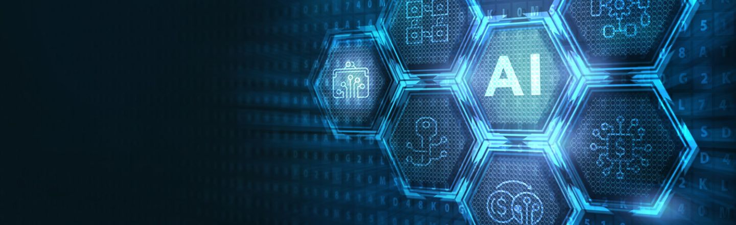 Symbol image for artificial intelligence in honeycomb-like, blue glowing patterns