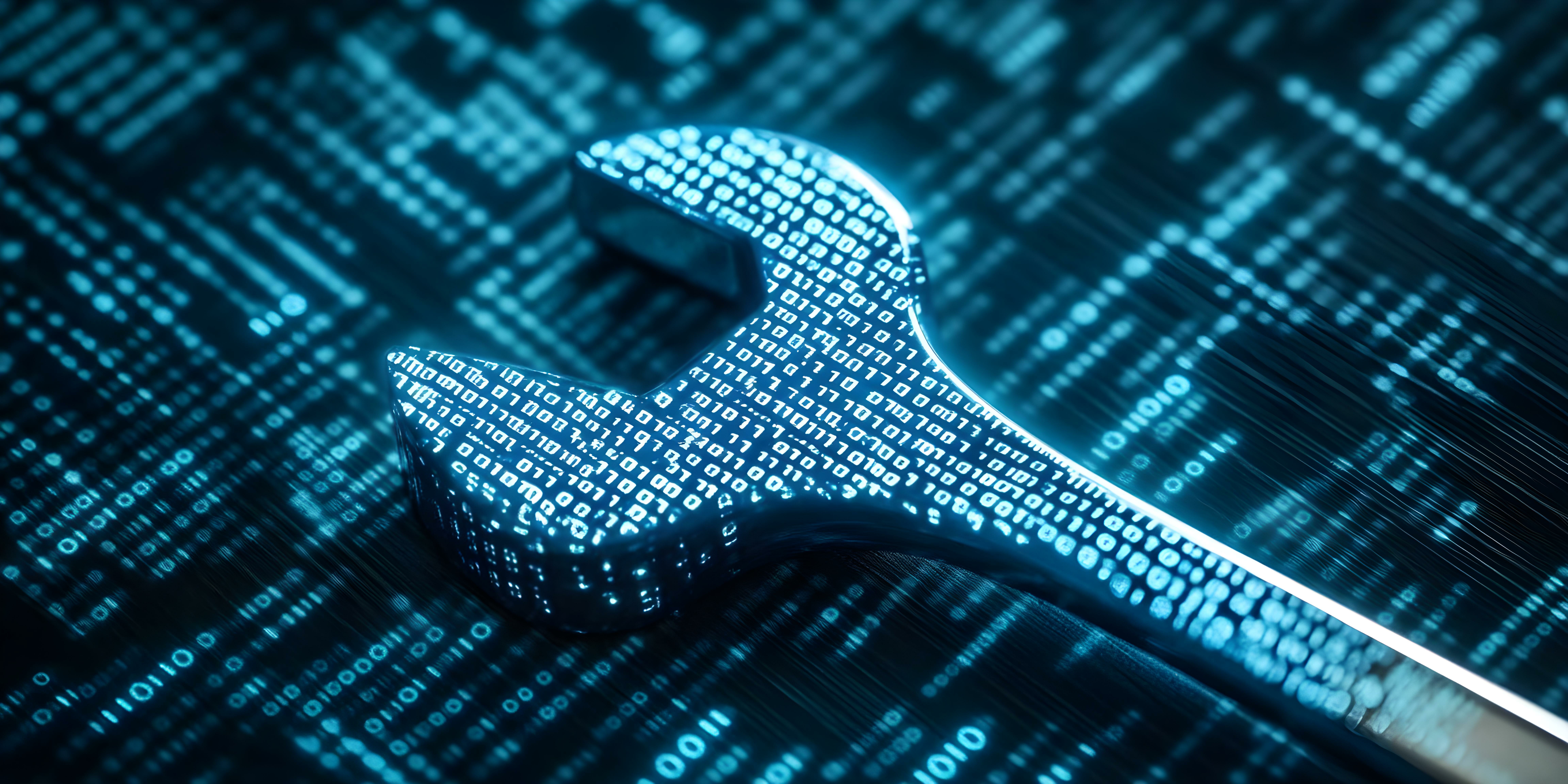 A digital spanner surrounded by binary code symbolises technology and programming tools. Concept Digital spanner design, binary code visuals, symbolisation of technology, programming tools concept